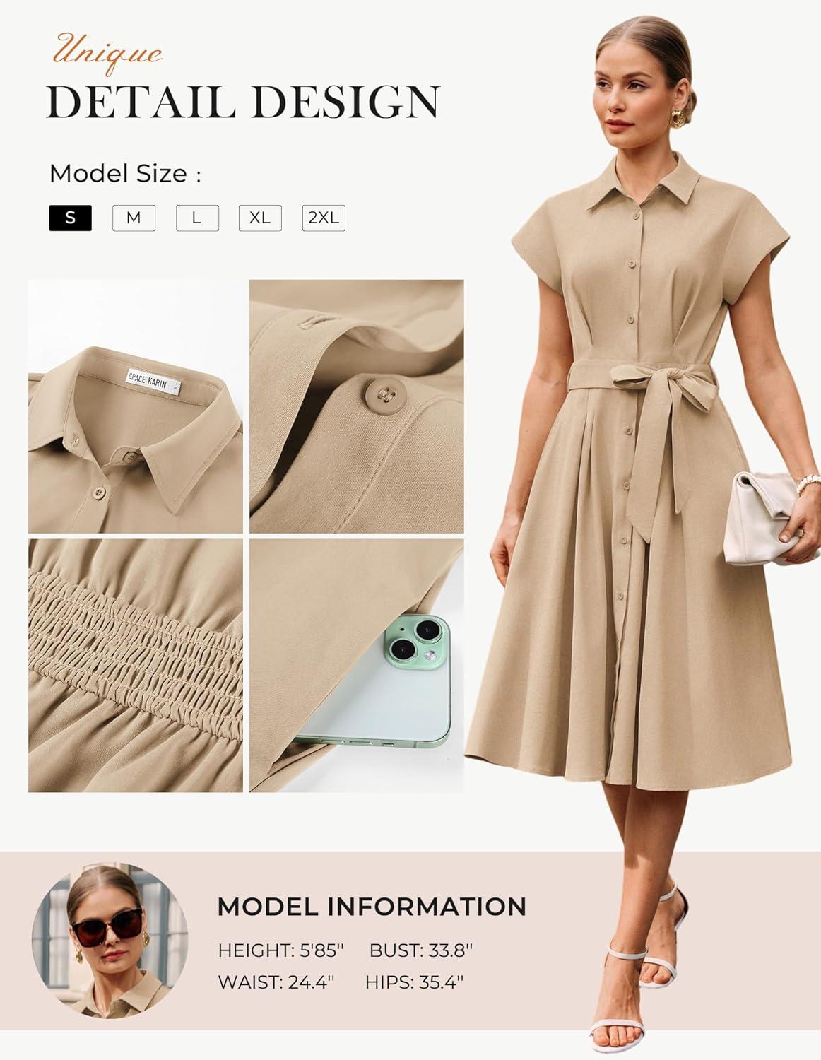 imageGRACE KARIN Womens Short Sleeve Shirt Dresses 2026 Summer Midi Button Down Dress Work Business Casual Dress with PocketsLight Khaki