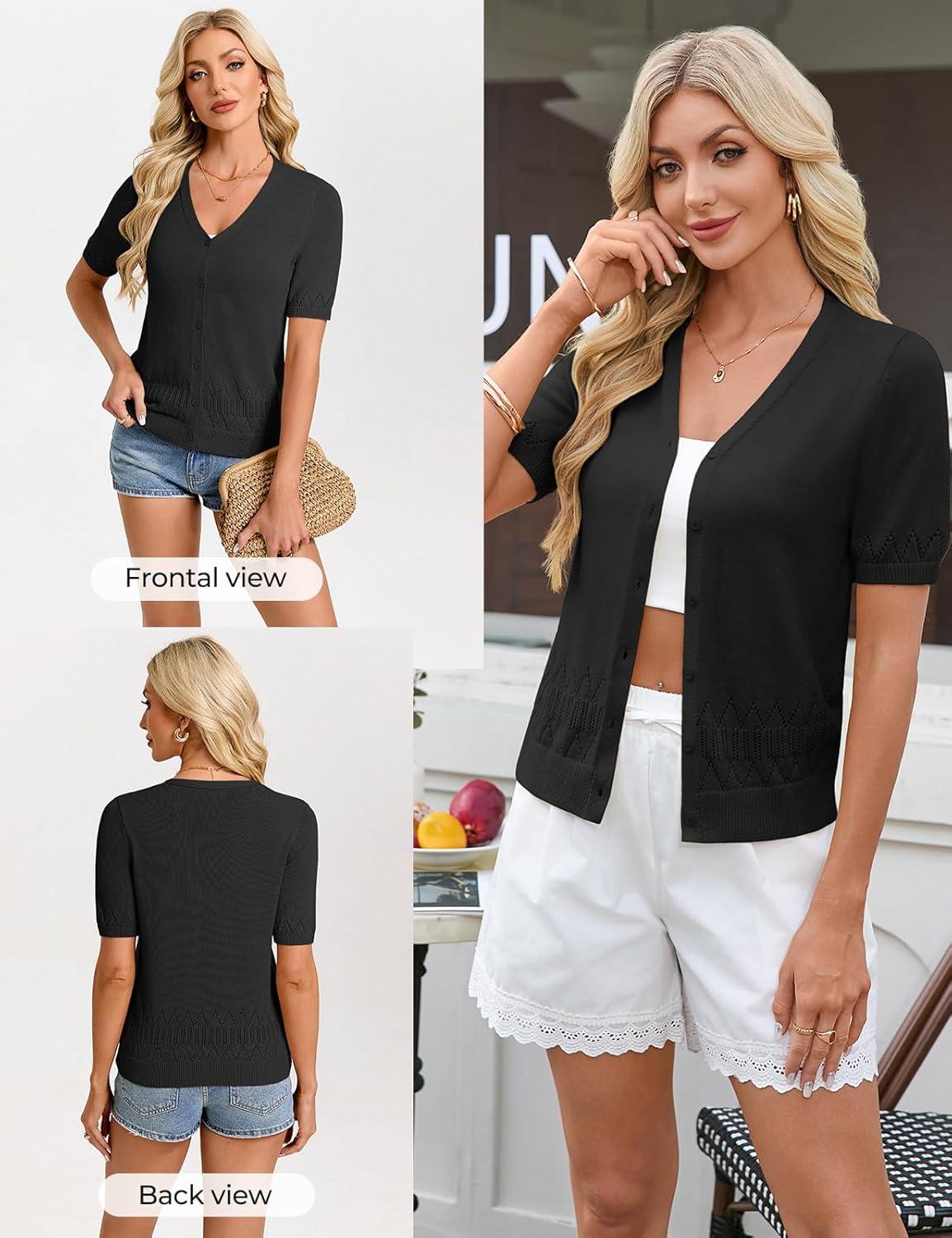 imageGRACE KARIN Womens Short Sleeve V Neck Button Up Cardigan Sweater Lightweight Crochet Knit Dressy Casual Spring OutfitsBlack
