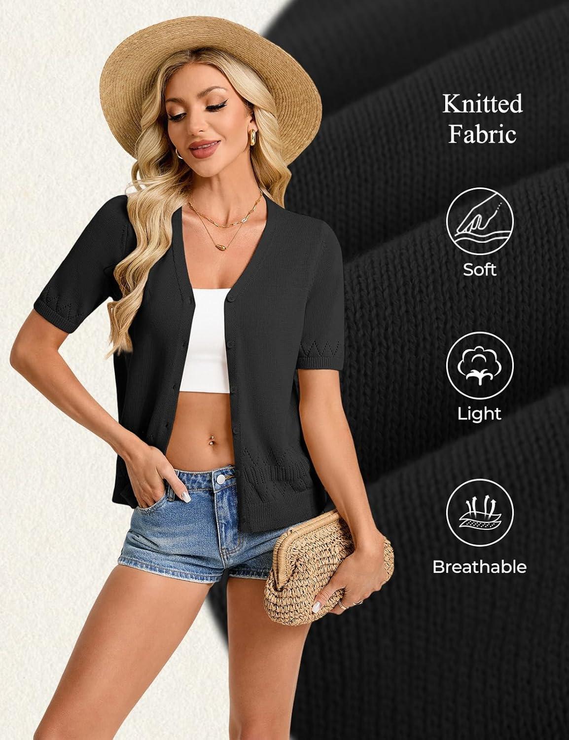 imageGRACE KARIN Womens Short Sleeve V Neck Button Up Cardigan Sweater Lightweight Crochet Knit Dressy Casual Spring OutfitsBlack