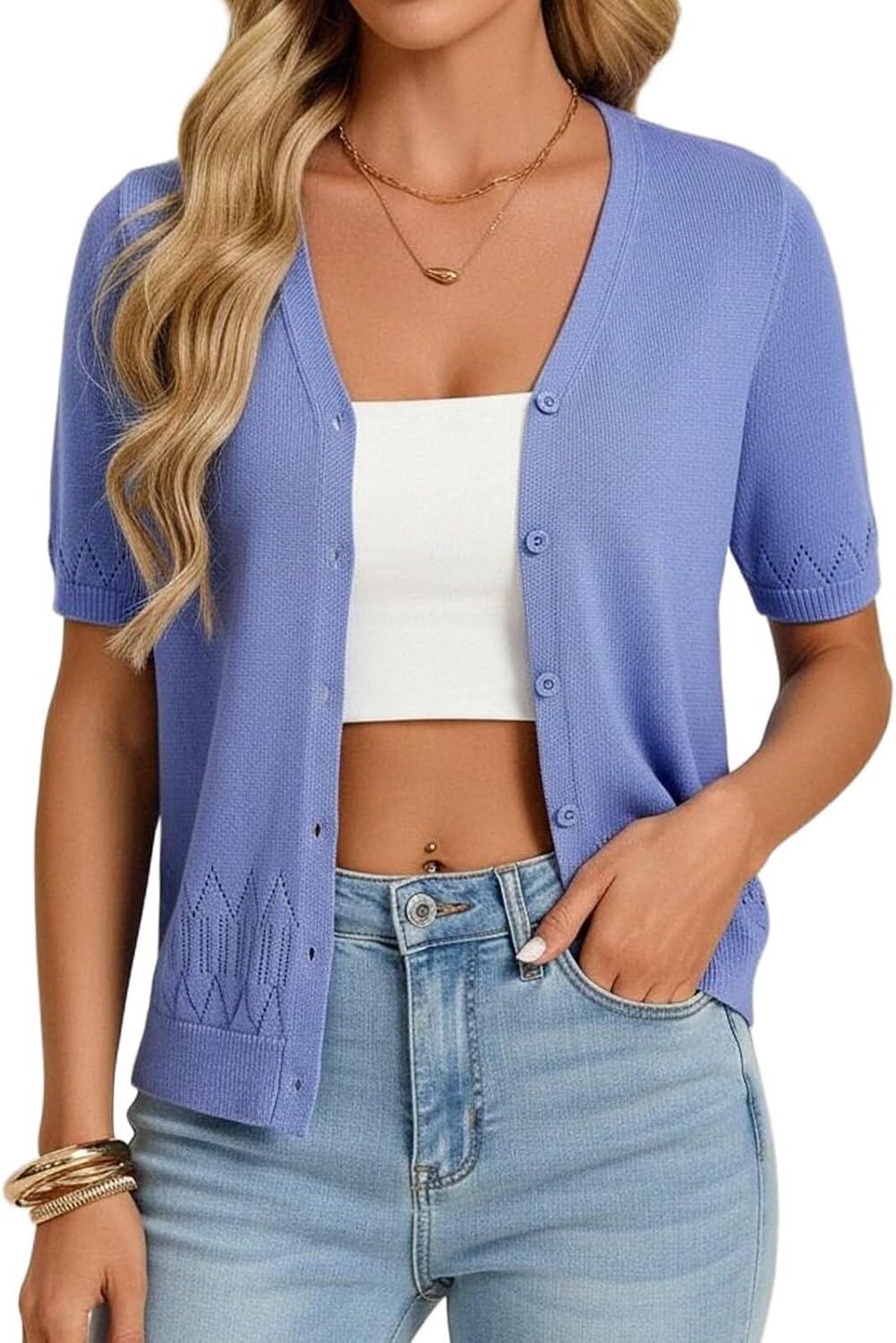 imageGRACE KARIN Womens Short Sleeve V Neck Button Up Cardigan Sweater Lightweight Crochet Knit Dressy Casual Spring OutfitsBlue