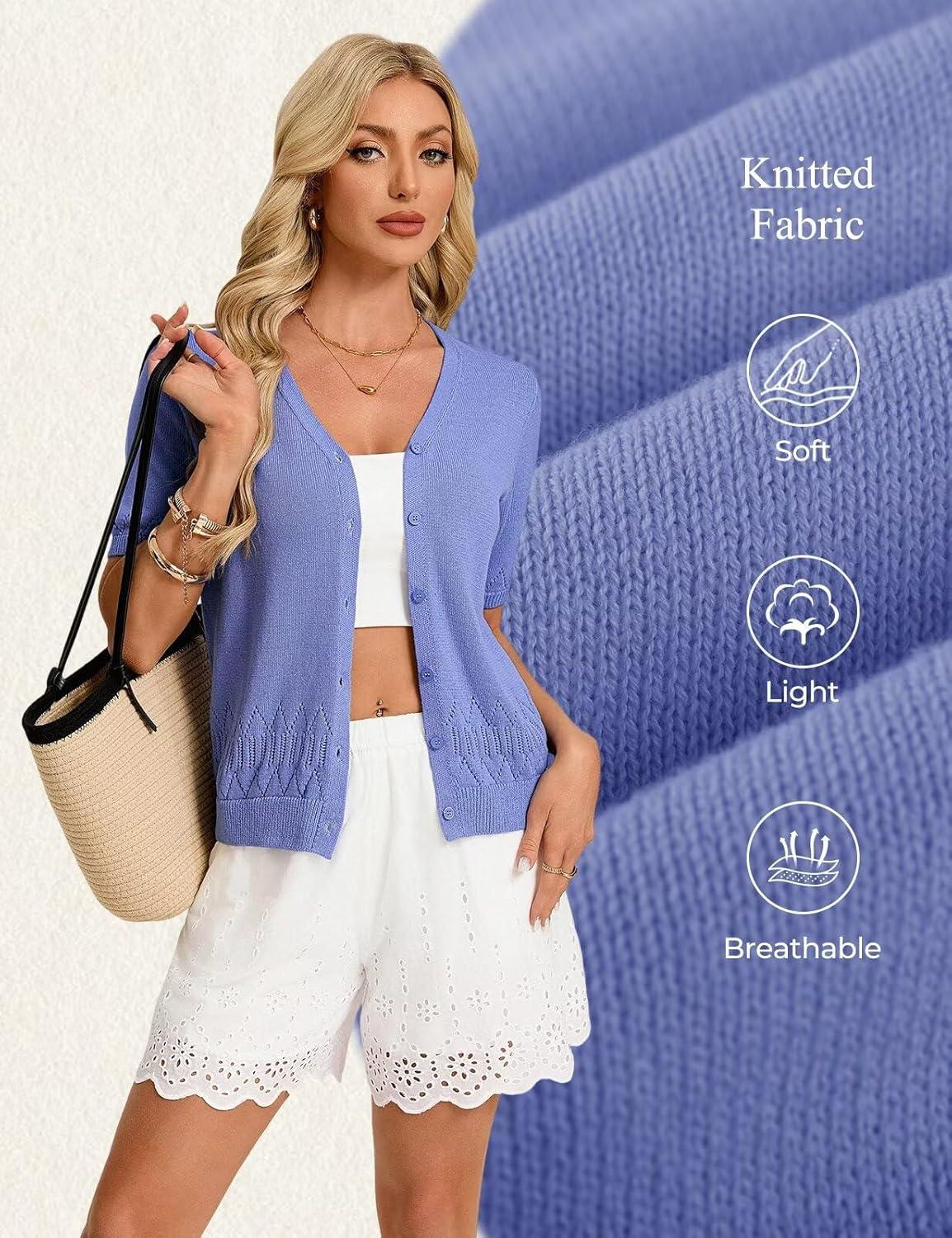 imageGRACE KARIN Womens Short Sleeve V Neck Button Up Cardigan Sweater Lightweight Crochet Knit Dressy Casual Spring OutfitsBlue