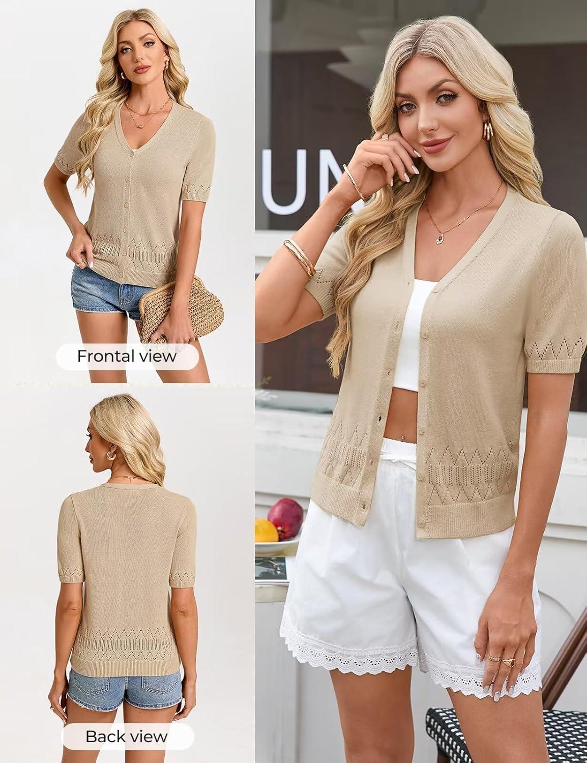 imageGRACE KARIN Womens Short Sleeve V Neck Button Up Cardigan Sweater Lightweight Crochet Knit Dressy Casual Spring OutfitsKhaki