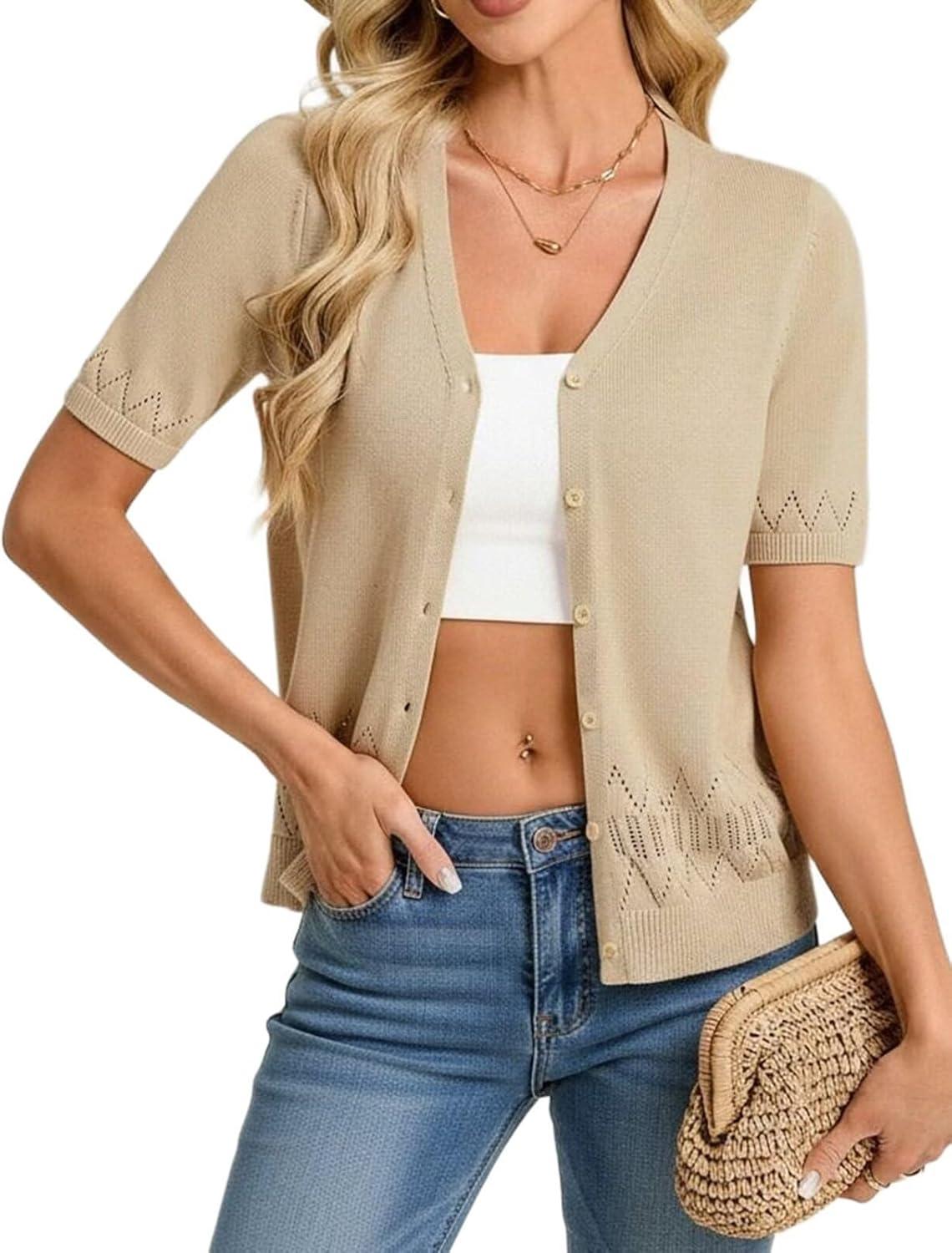 imageGRACE KARIN Womens Short Sleeve V Neck Button Up Cardigan Sweater Lightweight Crochet Knit Dressy Casual Spring OutfitsKhaki