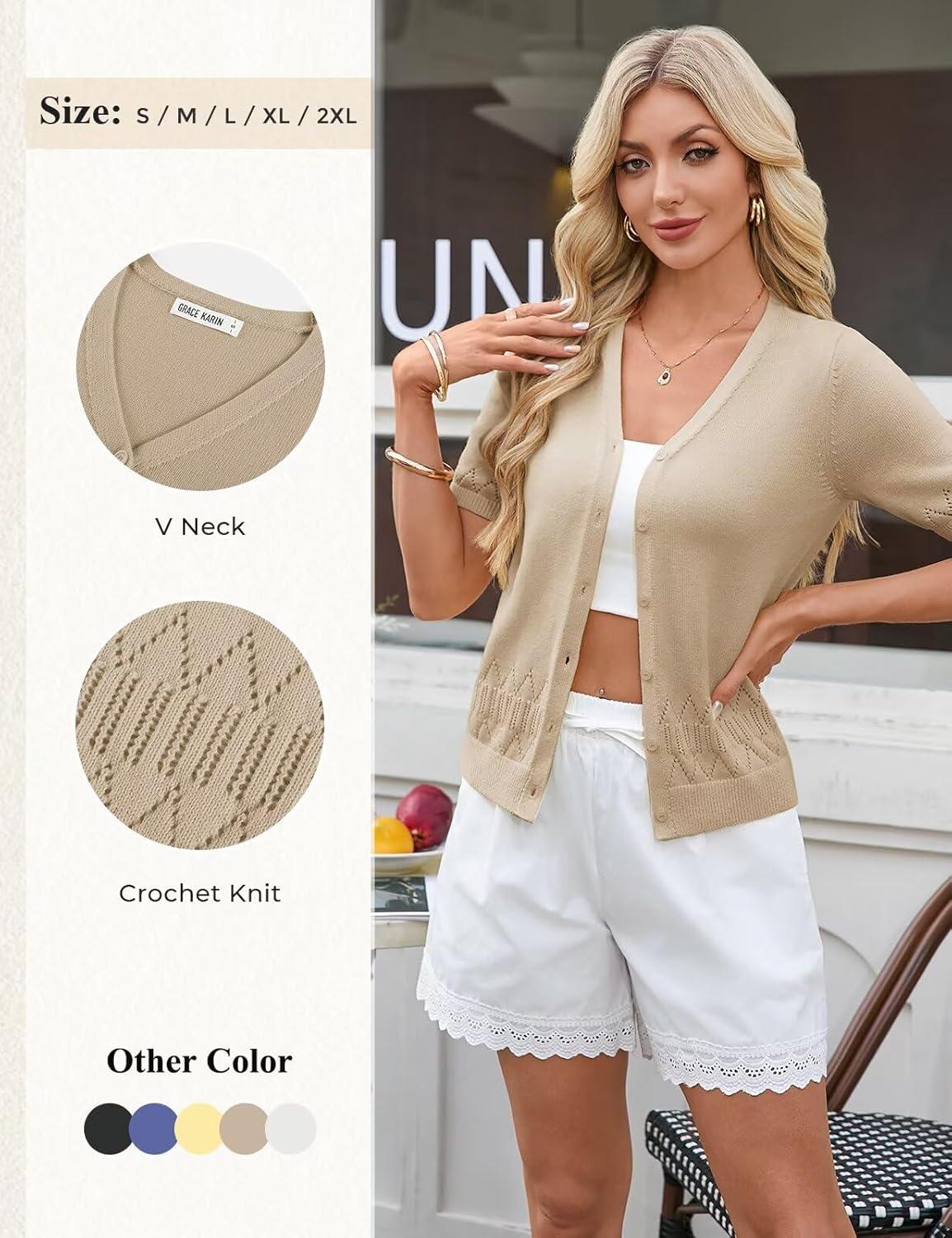 imageGRACE KARIN Womens Short Sleeve V Neck Button Up Cardigan Sweater Lightweight Crochet Knit Dressy Casual Spring OutfitsKhaki