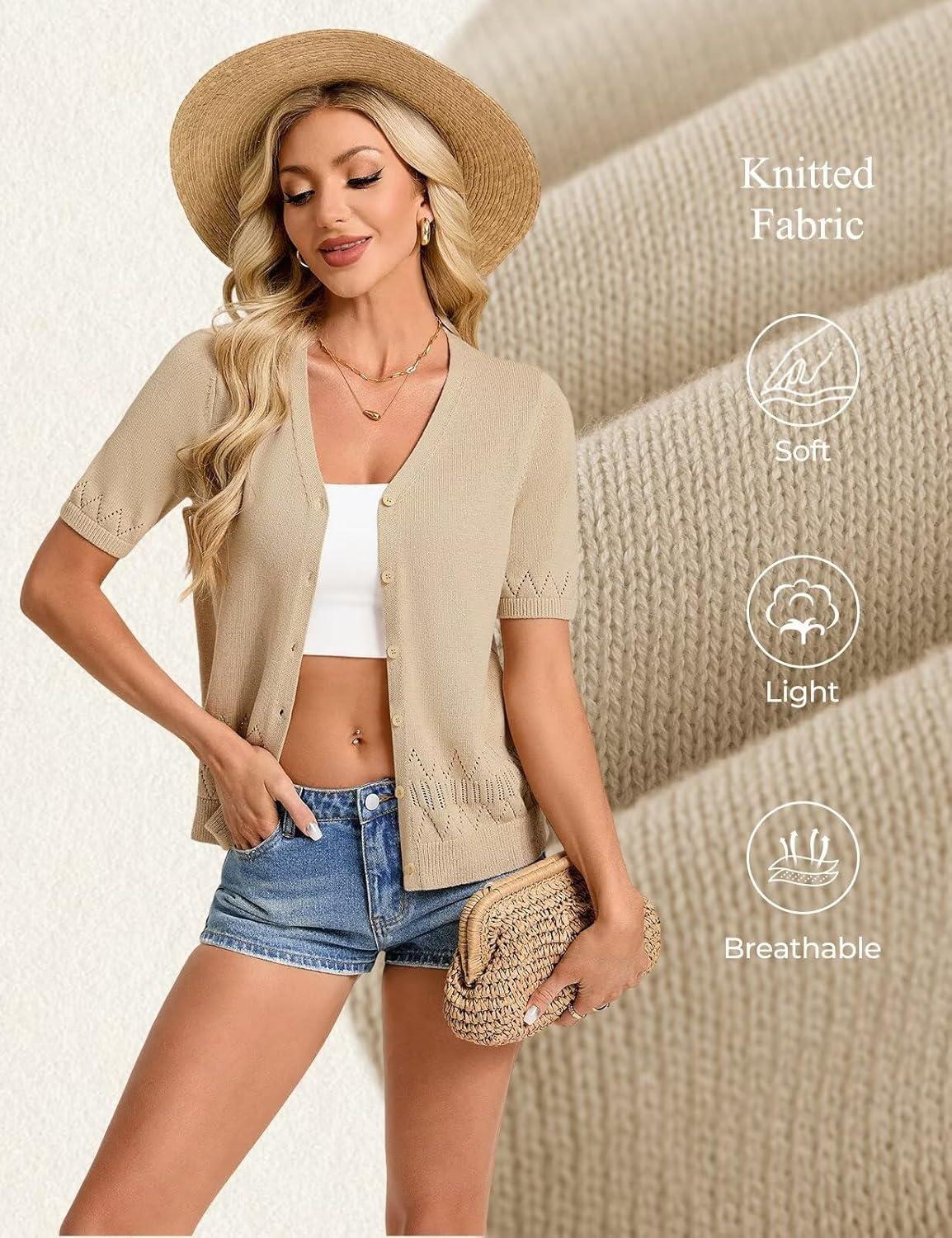 imageGRACE KARIN Womens Short Sleeve V Neck Button Up Cardigan Sweater Lightweight Crochet Knit Dressy Casual Spring OutfitsKhaki