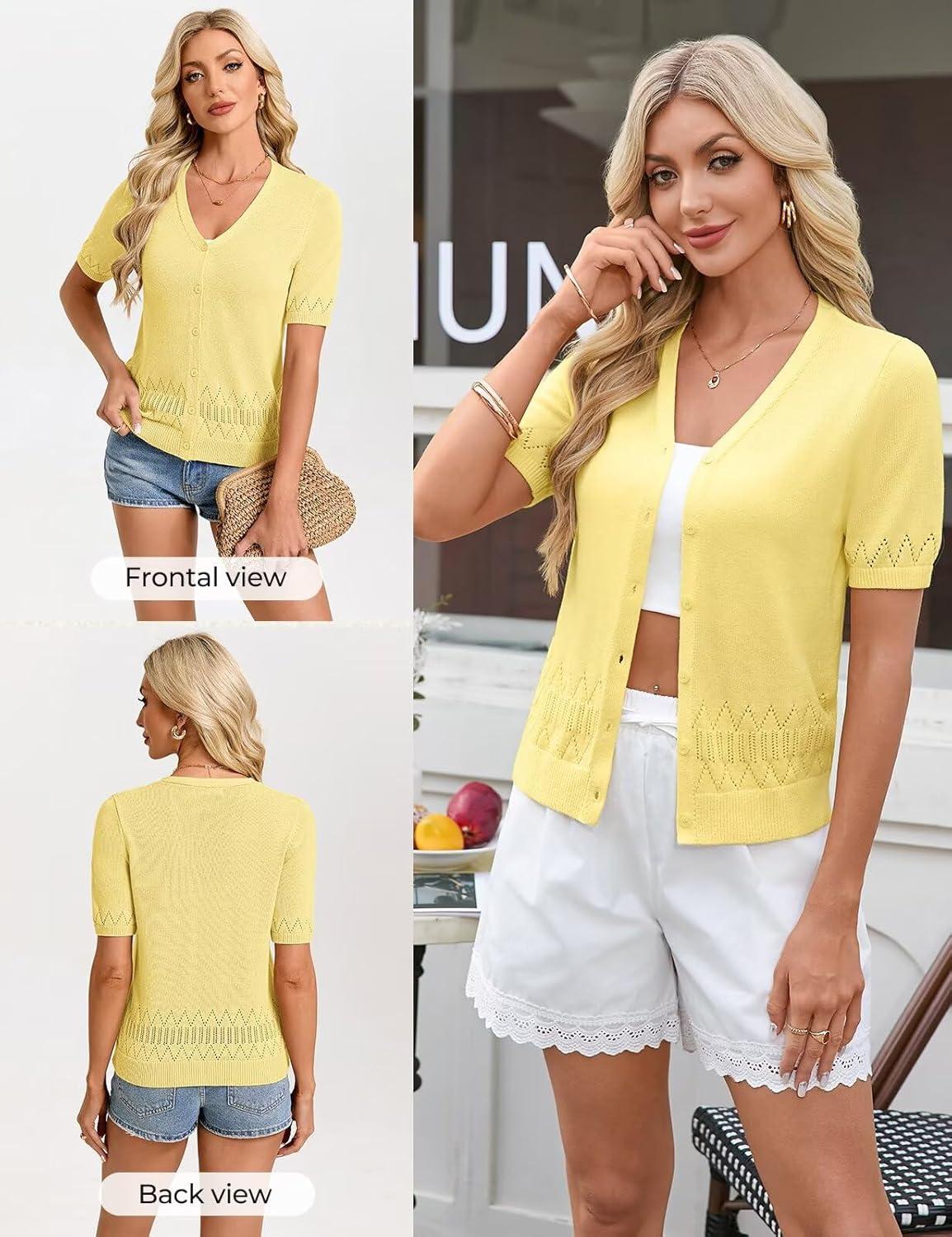 imageGRACE KARIN Womens Short Sleeve V Neck Button Up Cardigan Sweater Lightweight Crochet Knit Dressy Casual Spring OutfitsLight Yellow