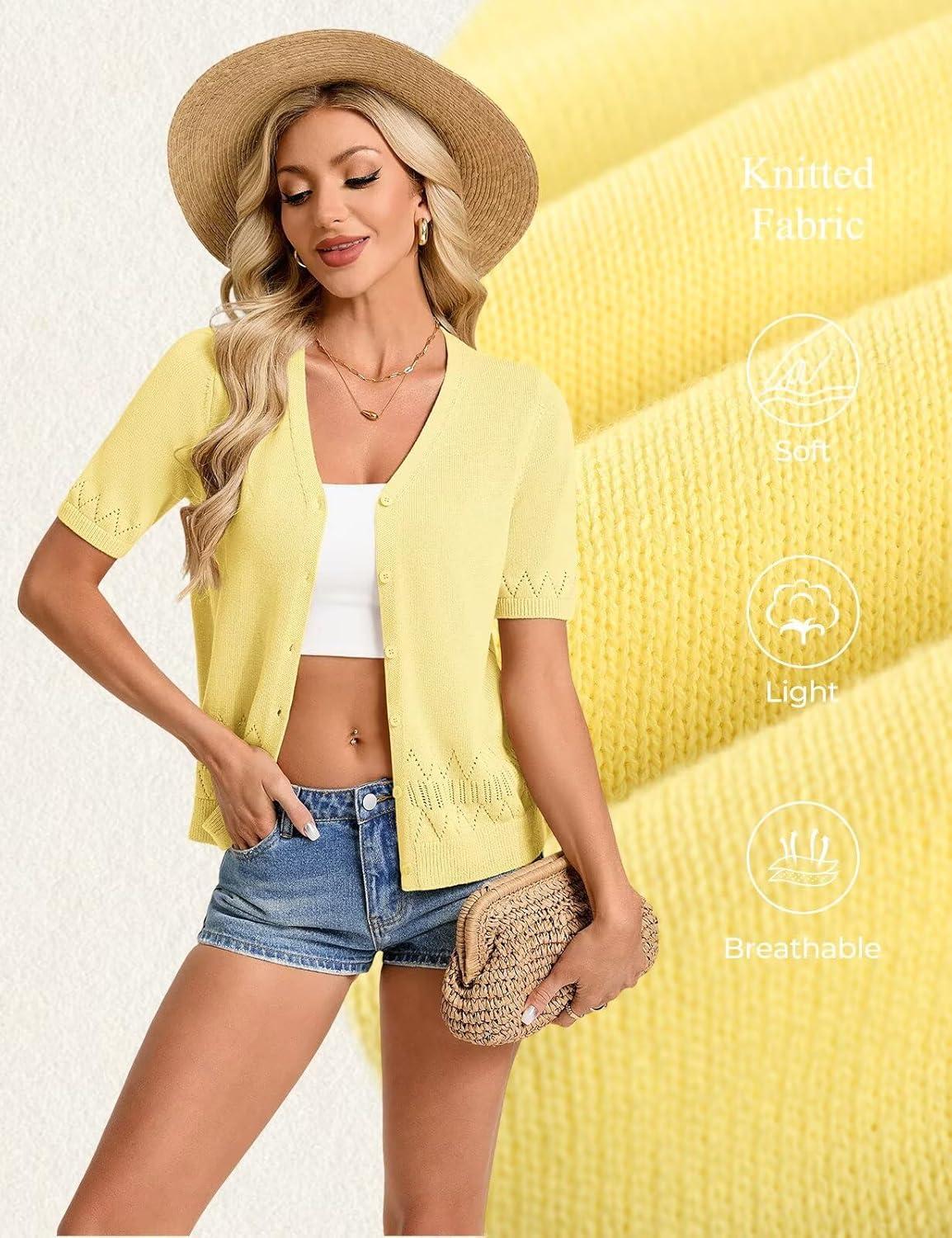 imageGRACE KARIN Womens Short Sleeve V Neck Button Up Cardigan Sweater Lightweight Crochet Knit Dressy Casual Spring OutfitsLight Yellow