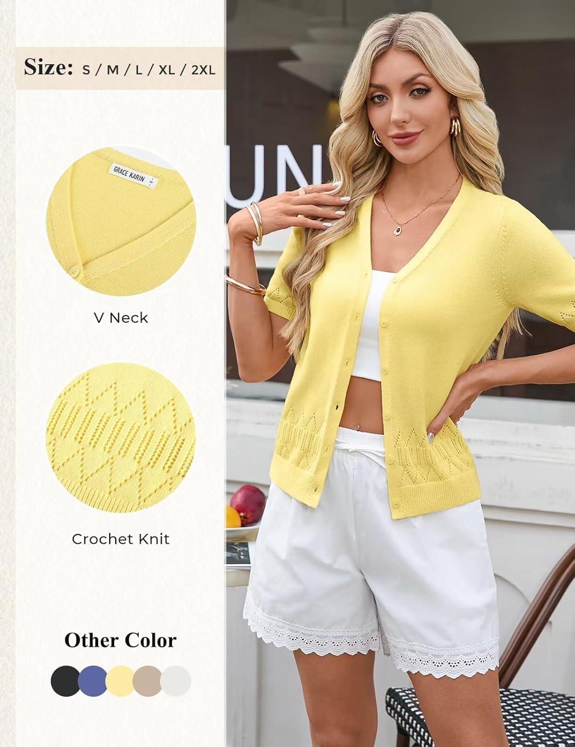 imageGRACE KARIN Womens Short Sleeve V Neck Button Up Cardigan Sweater Lightweight Crochet Knit Dressy Casual Spring OutfitsLight Yellow