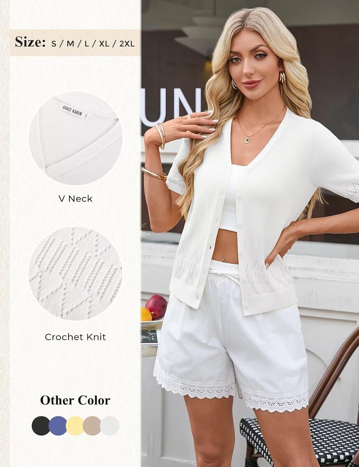 imageGRACE KARIN Womens Short Sleeve V Neck Button Up Cardigan Sweater Lightweight Crochet Knit Dressy Casual Spring OutfitsOffwhite