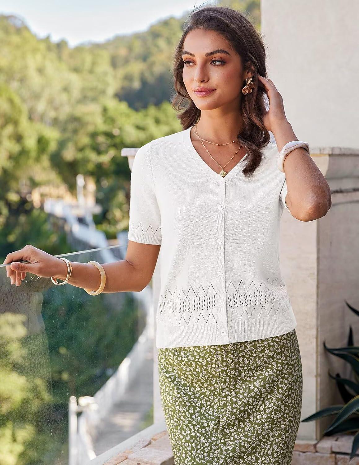 imageGRACE KARIN Womens Short Sleeve V Neck Button Up Cardigan Sweater Lightweight Crochet Knit Dressy Casual Spring OutfitsOffwhite