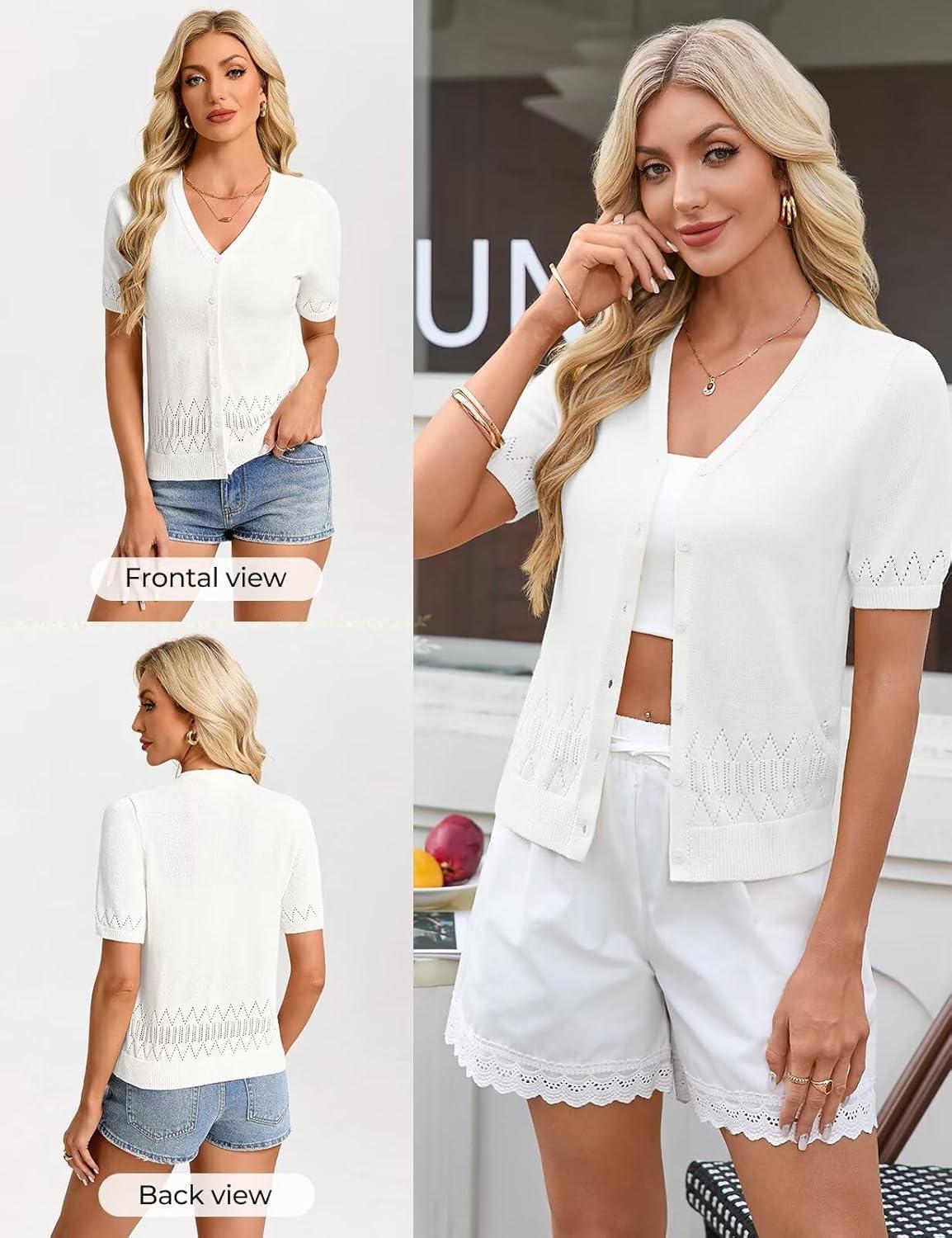 imageGRACE KARIN Womens Short Sleeve V Neck Button Up Cardigan Sweater Lightweight Crochet Knit Dressy Casual Spring OutfitsOffwhite