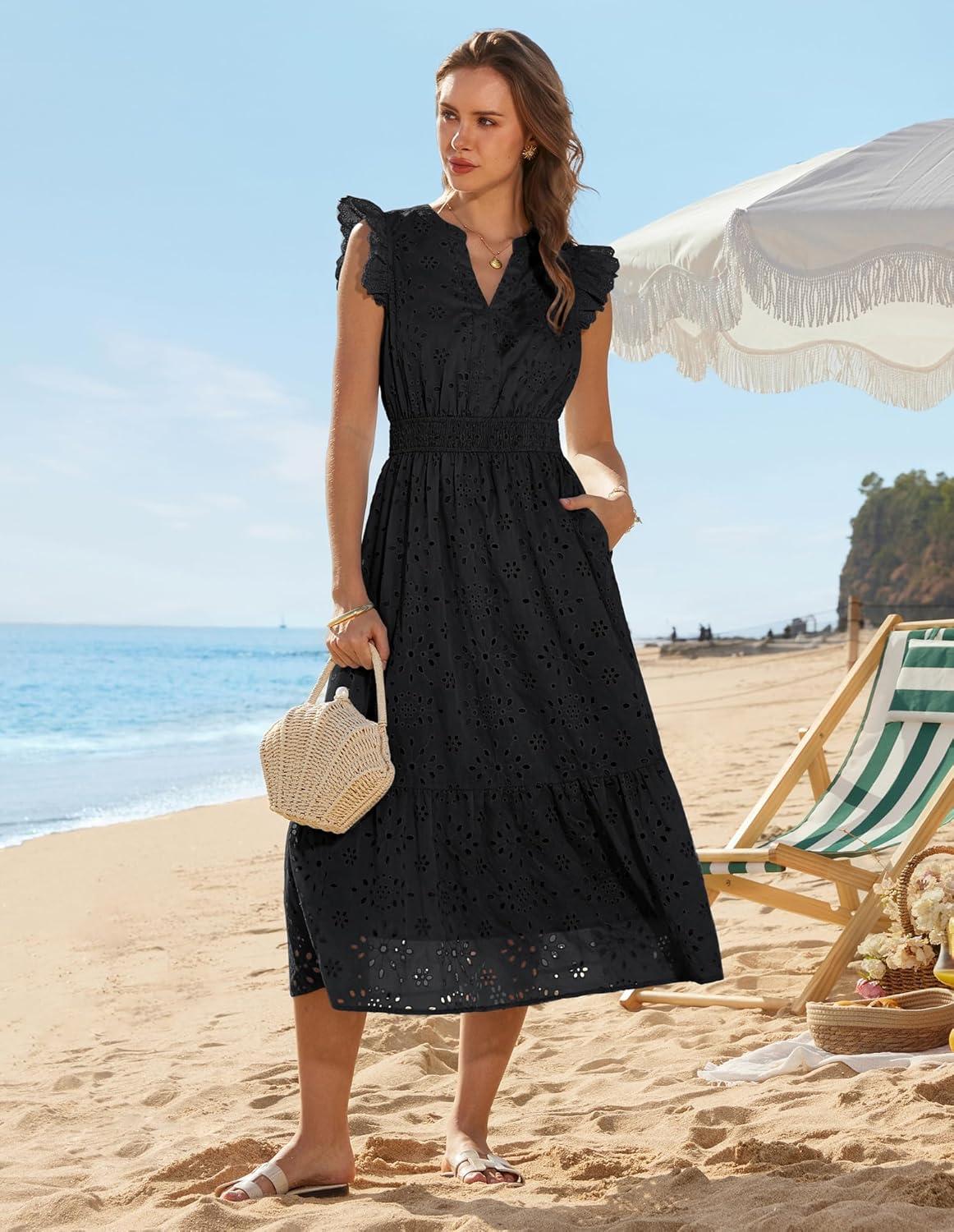 imageGRACE KARIN Womens Summer Boho Maxi Dress Casual 2026 Spring V Neck Eyelet Dresses Flowy Vacation Beach Sundress with PocketsBlack