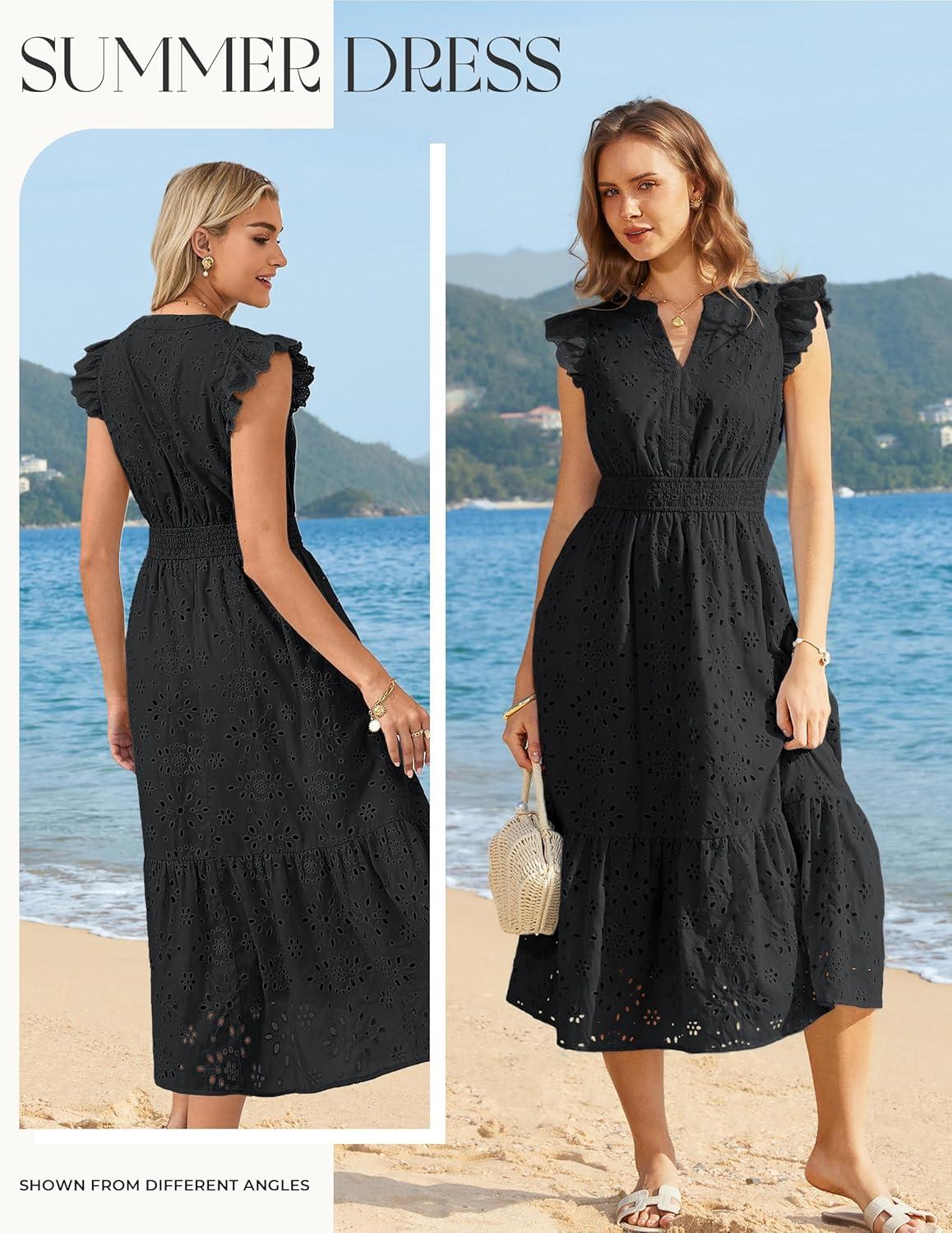 imageGRACE KARIN Womens Summer Boho Maxi Dress Casual 2026 Spring V Neck Eyelet Dresses Flowy Vacation Beach Sundress with PocketsBlack