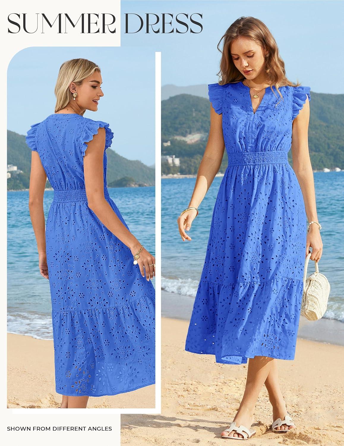 imageGRACE KARIN Womens Summer Boho Maxi Dress Casual 2026 Spring V Neck Eyelet Dresses Flowy Vacation Beach Sundress with PocketsBlue