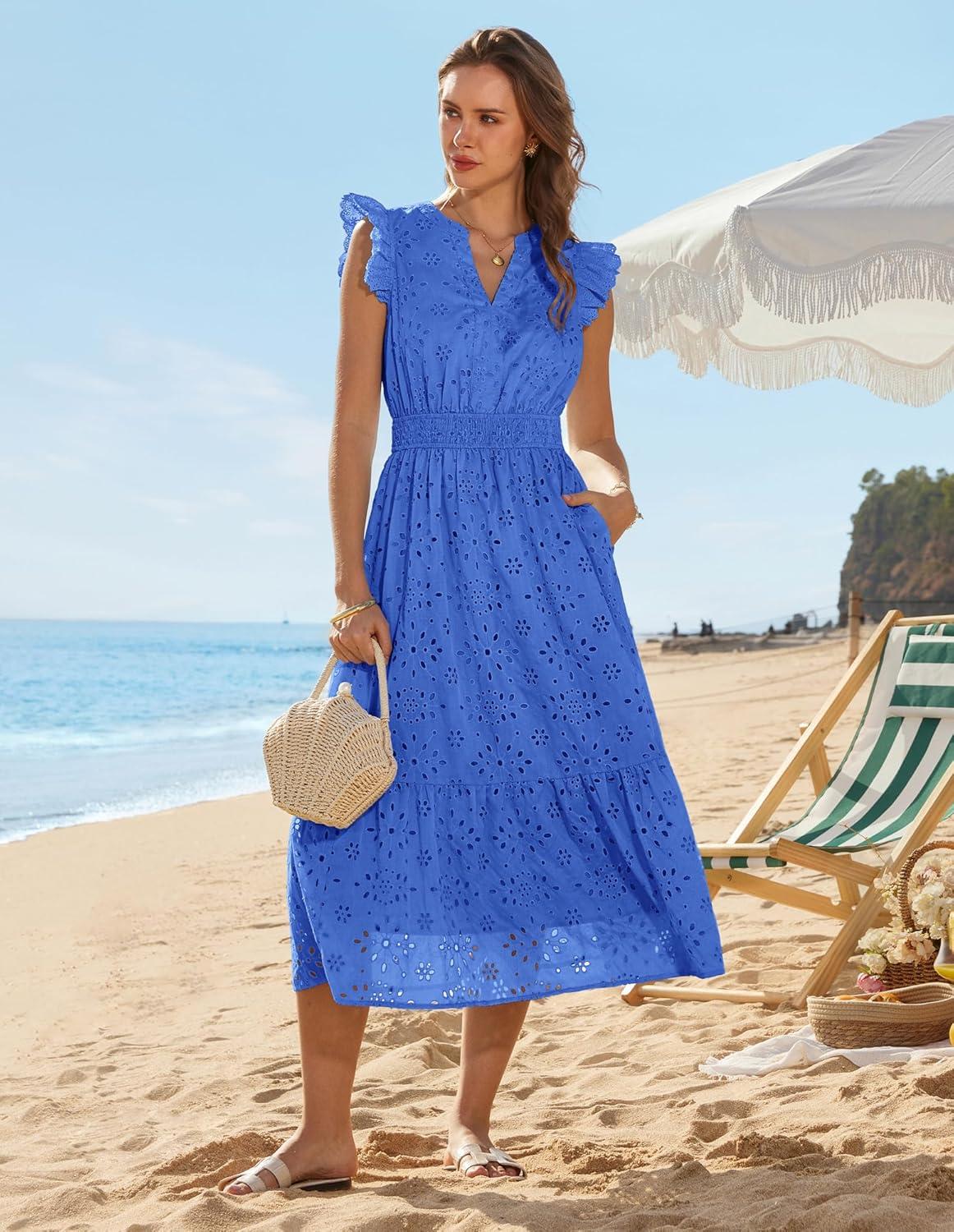 imageGRACE KARIN Womens Summer Boho Maxi Dress Casual 2026 Spring V Neck Eyelet Dresses Flowy Vacation Beach Sundress with PocketsBlue