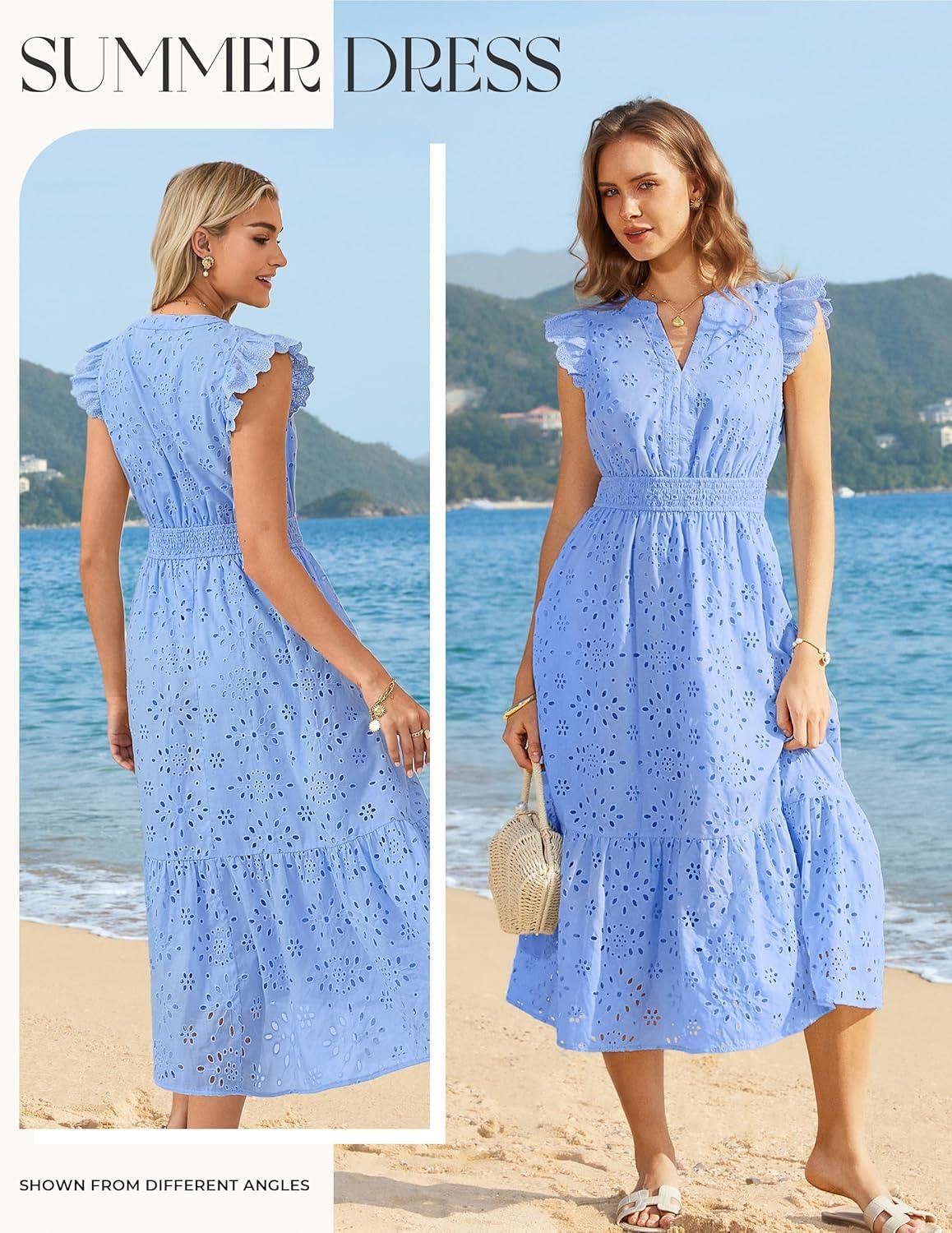 imageGRACE KARIN Womens Summer Boho Maxi Dress Casual 2026 Spring V Neck Eyelet Dresses Flowy Vacation Beach Sundress with PocketsLight Blue
