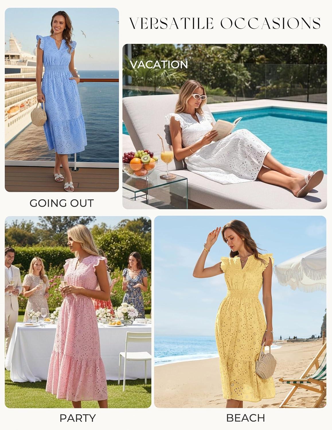 imageGRACE KARIN Womens Summer Boho Maxi Dress Casual 2026 Spring V Neck Eyelet Dresses Flowy Vacation Beach Sundress with PocketsWhite