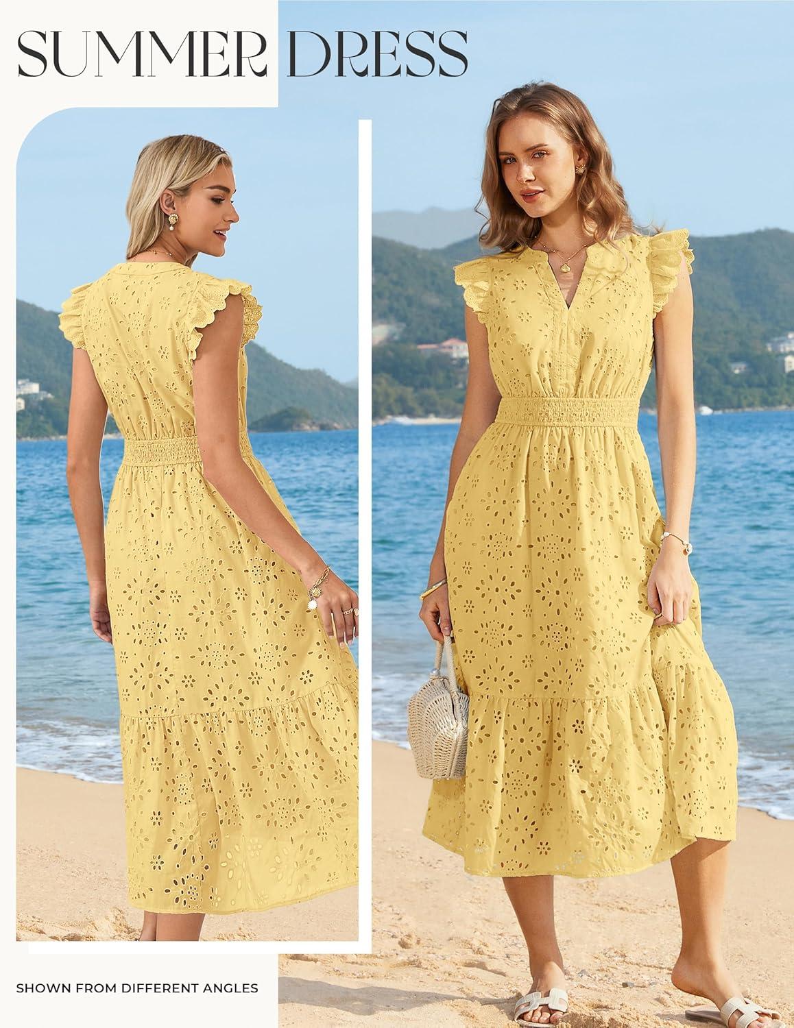 imageGRACE KARIN Womens Summer Boho Maxi Dress Casual 2026 Spring V Neck Eyelet Dresses Flowy Vacation Beach Sundress with PocketsYellow