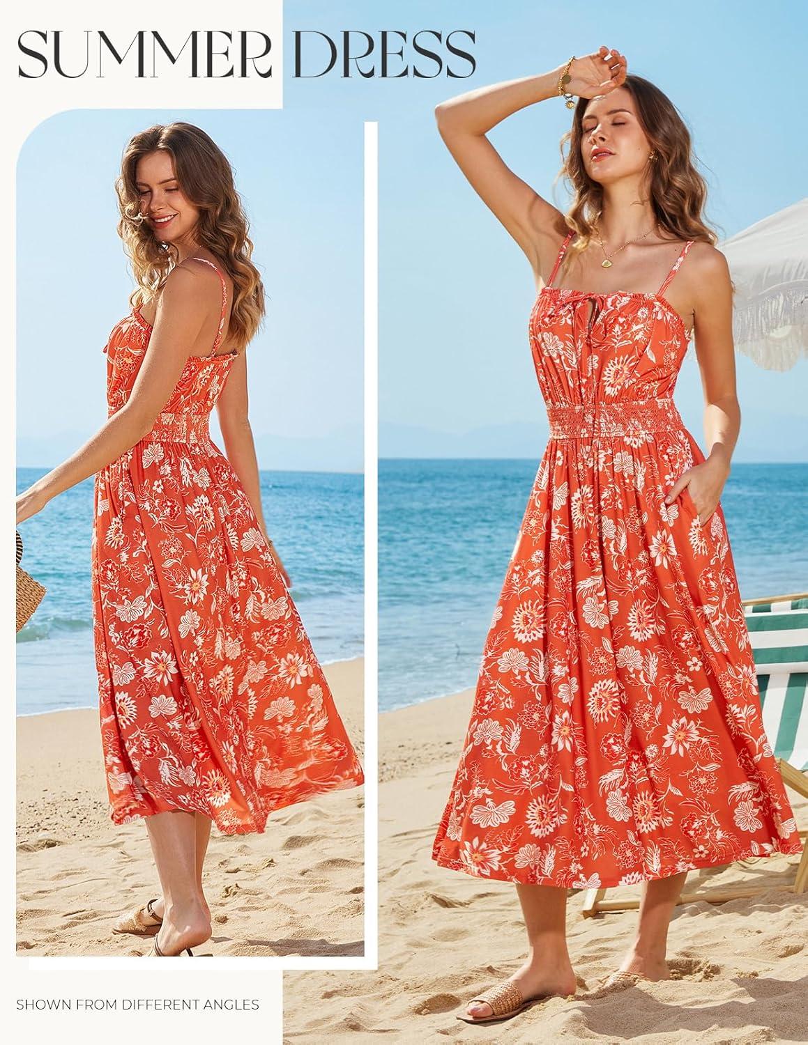 imageGRACE KARIN Womens Summer Clothes 2026 Boho Floral Maxi Long Dresses Spaghetti Straps Casual Beach Sundress with PocketsOrange Floral