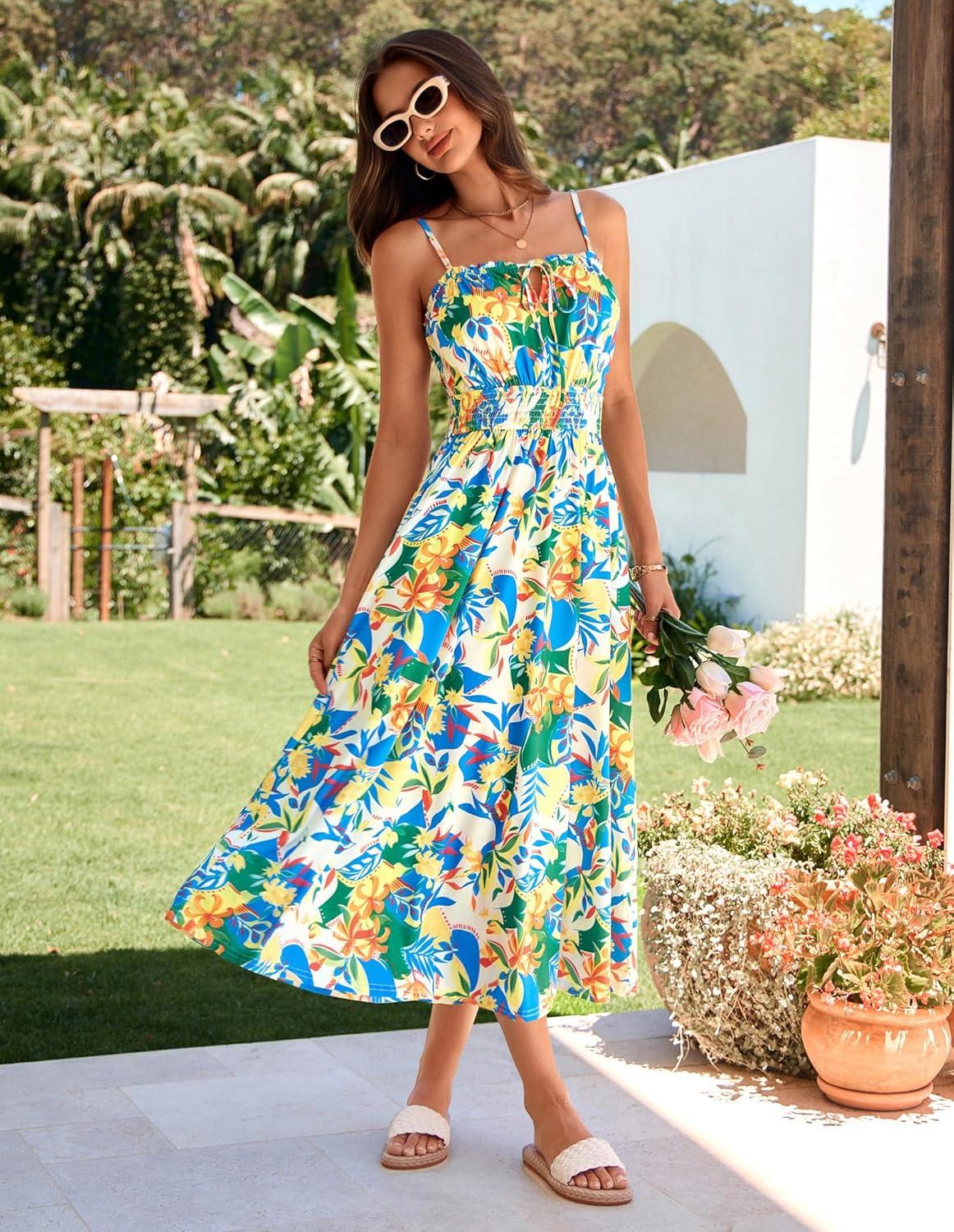 imageGRACE KARIN Womens Summer Clothes 2026 Boho Floral Maxi Long Dresses Spaghetti Straps Casual Beach Sundress with PocketsYellow Green Blue Floral
