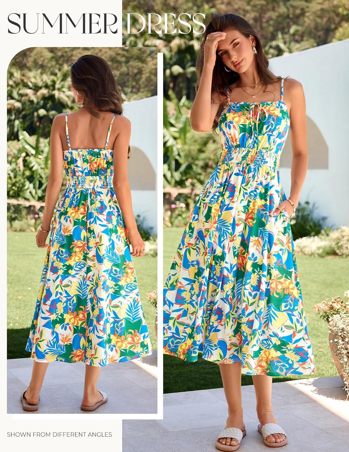 imageGRACE KARIN Womens Summer Clothes 2026 Boho Floral Maxi Long Dresses Spaghetti Straps Casual Beach Sundress with PocketsYellow Green Blue Floral