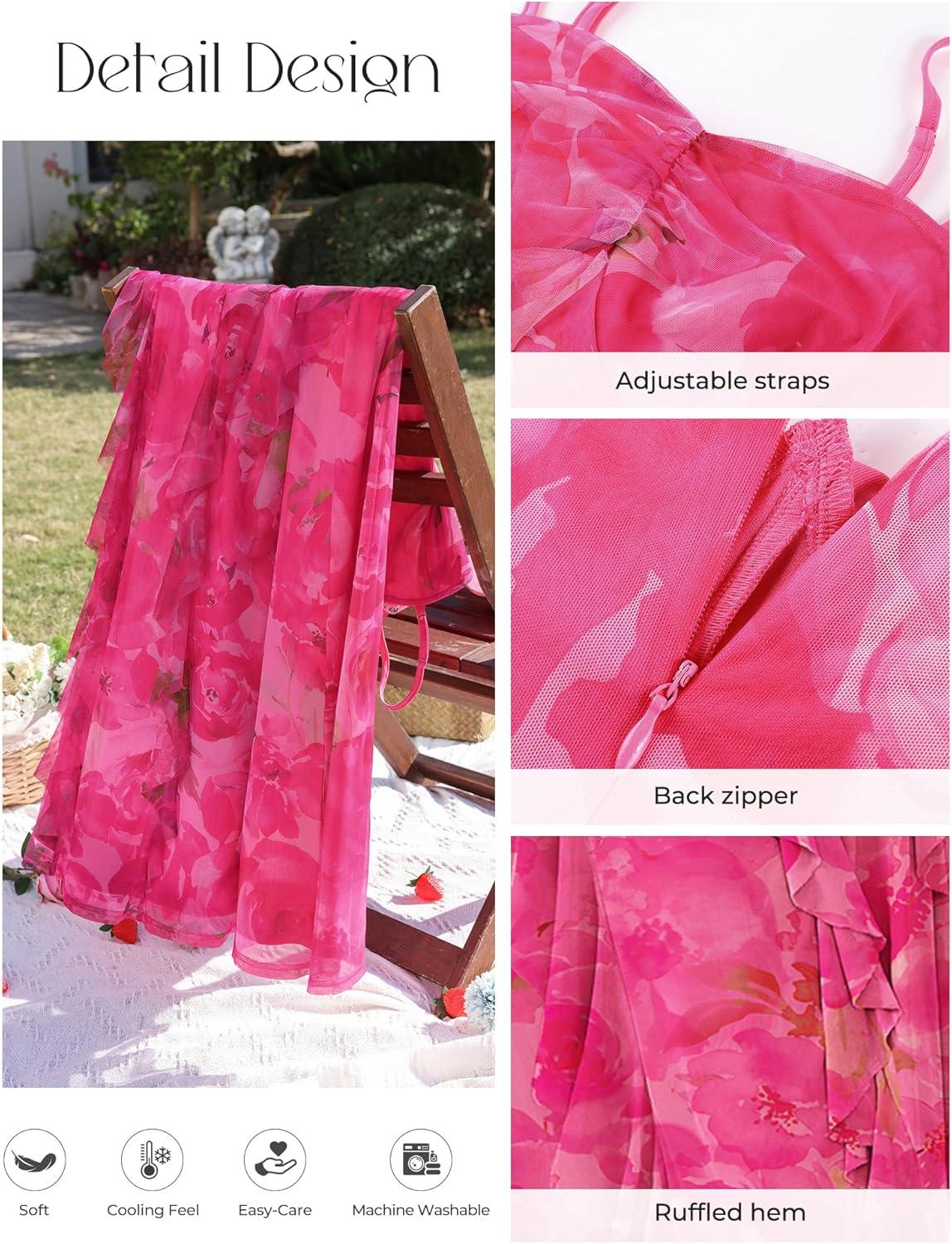 imageGRACE KARIN Womens Summer Floral Maxi Dress Spaghetti Strap Ruffle Wedding Guest Dresses Beach Long Mesh SundressRose Red Floral