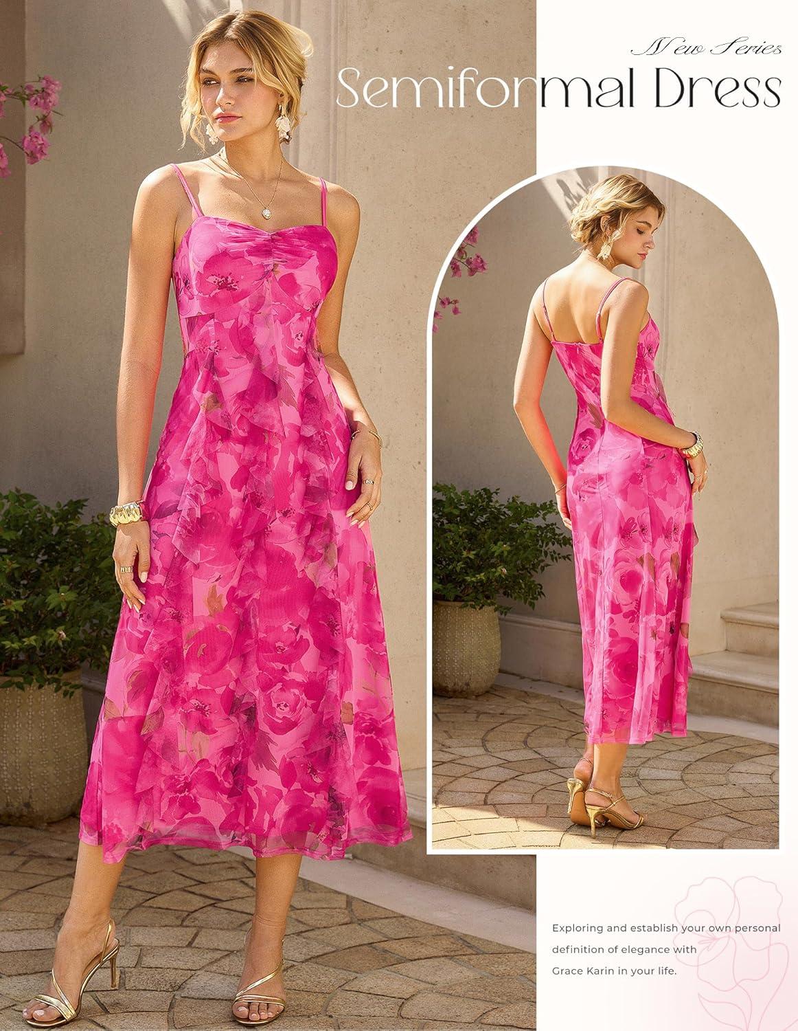 imageGRACE KARIN Womens Summer Floral Maxi Dress Spaghetti Strap Ruffle Wedding Guest Dresses Beach Long Mesh SundressRose Red Floral