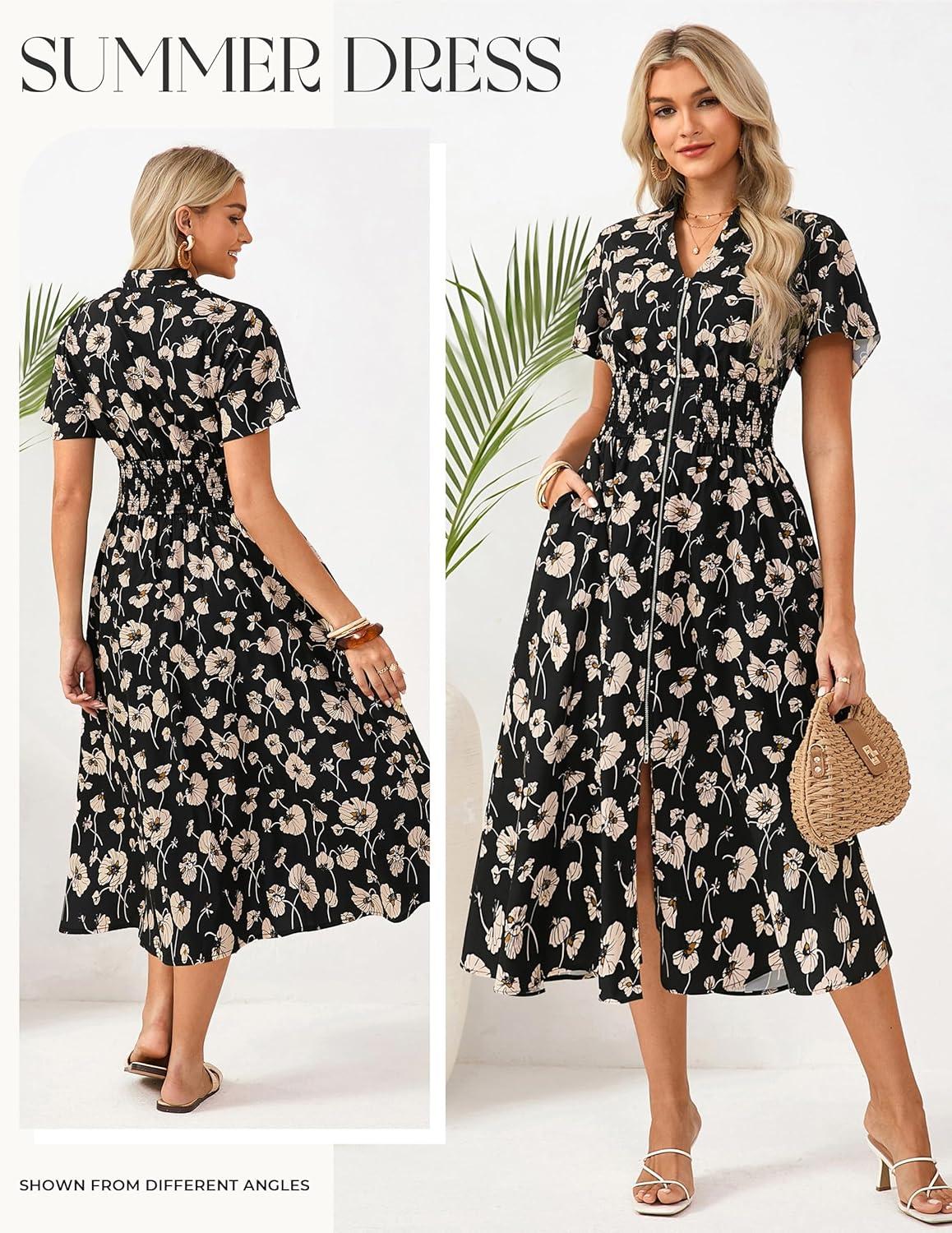 imageGRACE KARIN Womens Summer Maxi Floral Dress Casual 2026 Long Zipper Dresses Boho Flowy Beach Vacation Sundress with PocketsBlack Floral