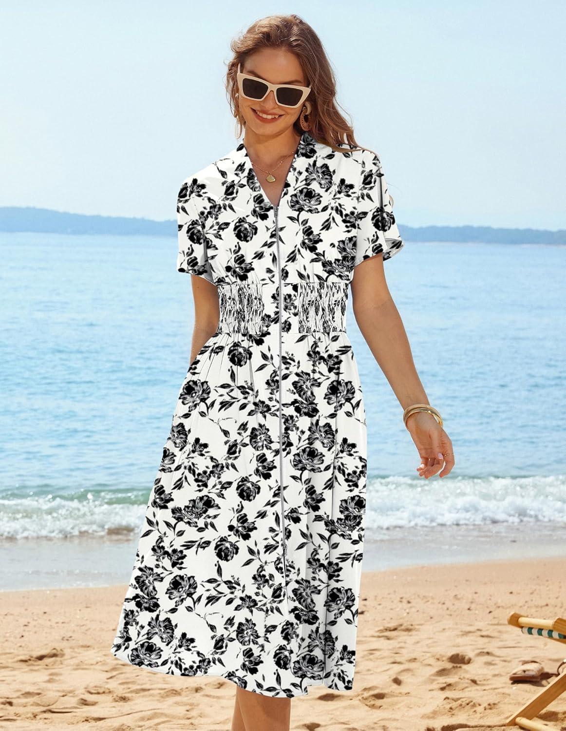 imageGRACE KARIN Womens Summer Maxi Floral Dress Casual 2026 Long Zipper Dresses Boho Flowy Beach Vacation Sundress with PocketsBlack White Floral