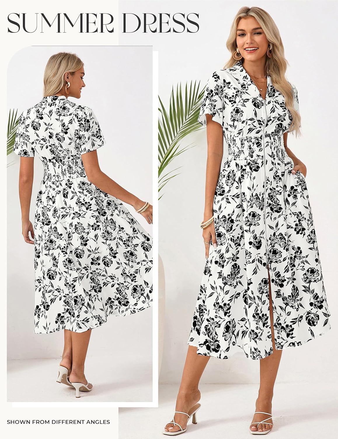 imageGRACE KARIN Womens Summer Maxi Floral Dress Casual 2026 Long Zipper Dresses Boho Flowy Beach Vacation Sundress with PocketsBlack White Floral