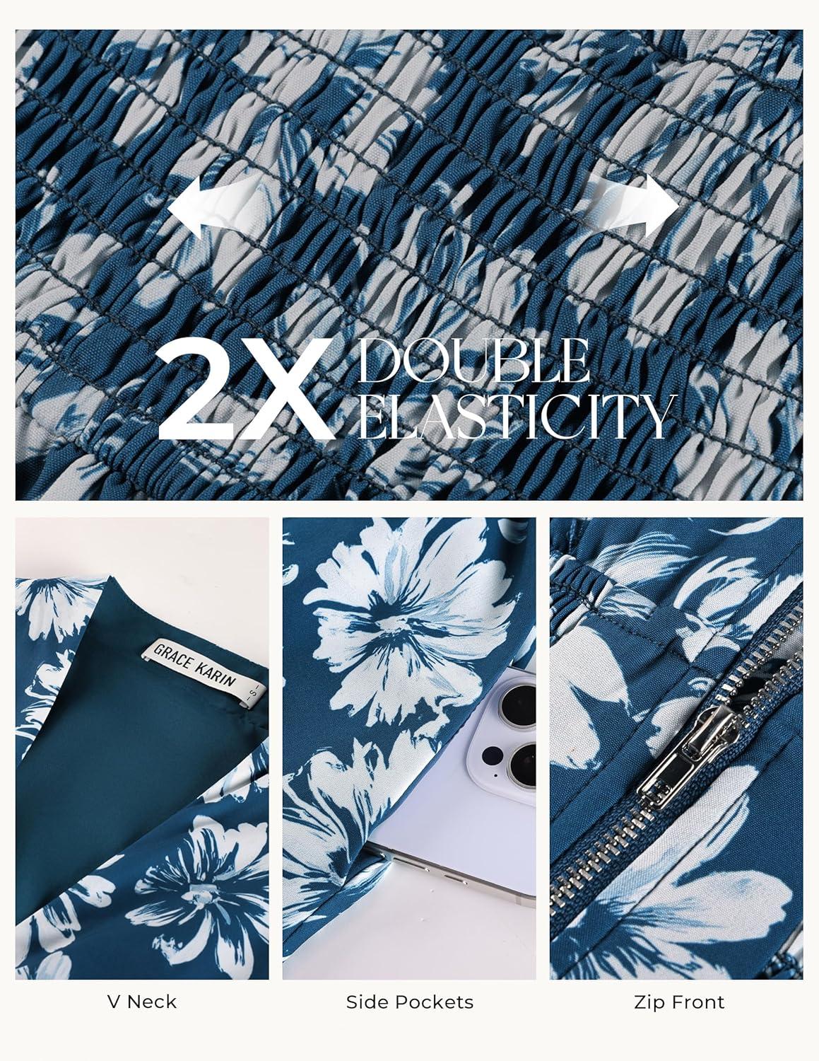 imageGRACE KARIN Womens Summer Maxi Floral Dress Casual 2026 Long Zipper Dresses Boho Flowy Beach Vacation Sundress with PocketsBlue Floral