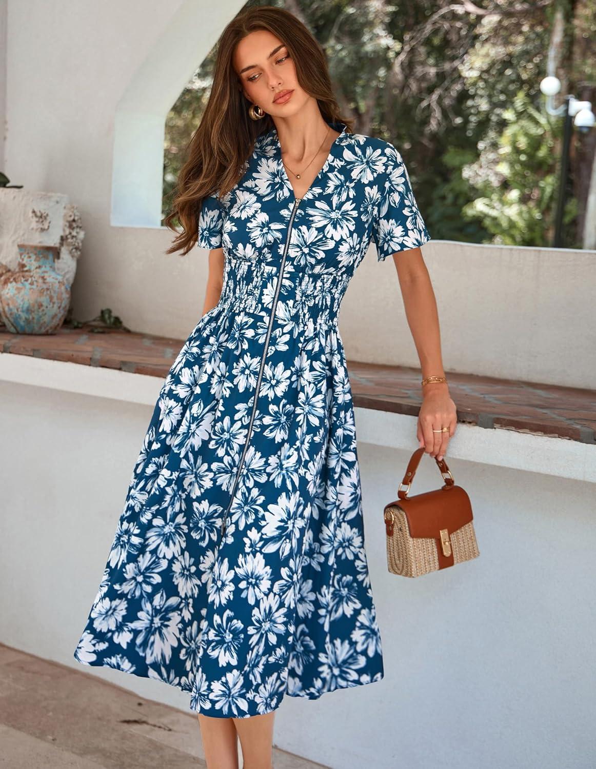 imageGRACE KARIN Womens Summer Maxi Floral Dress Casual 2026 Long Zipper Dresses Boho Flowy Beach Vacation Sundress with PocketsBlue Floral