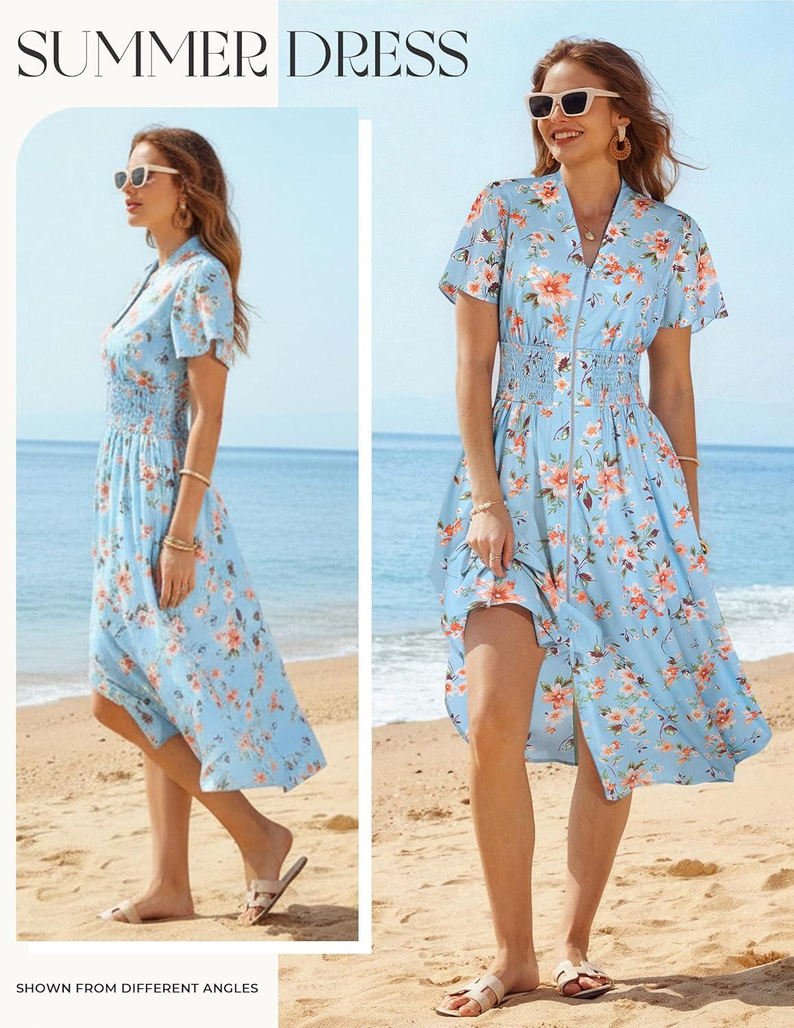 imageGRACE KARIN Womens Summer Maxi Floral Dress Casual 2026 Long Zipper Dresses Boho Flowy Beach Vacation Sundress with PocketsLight Blue Floral