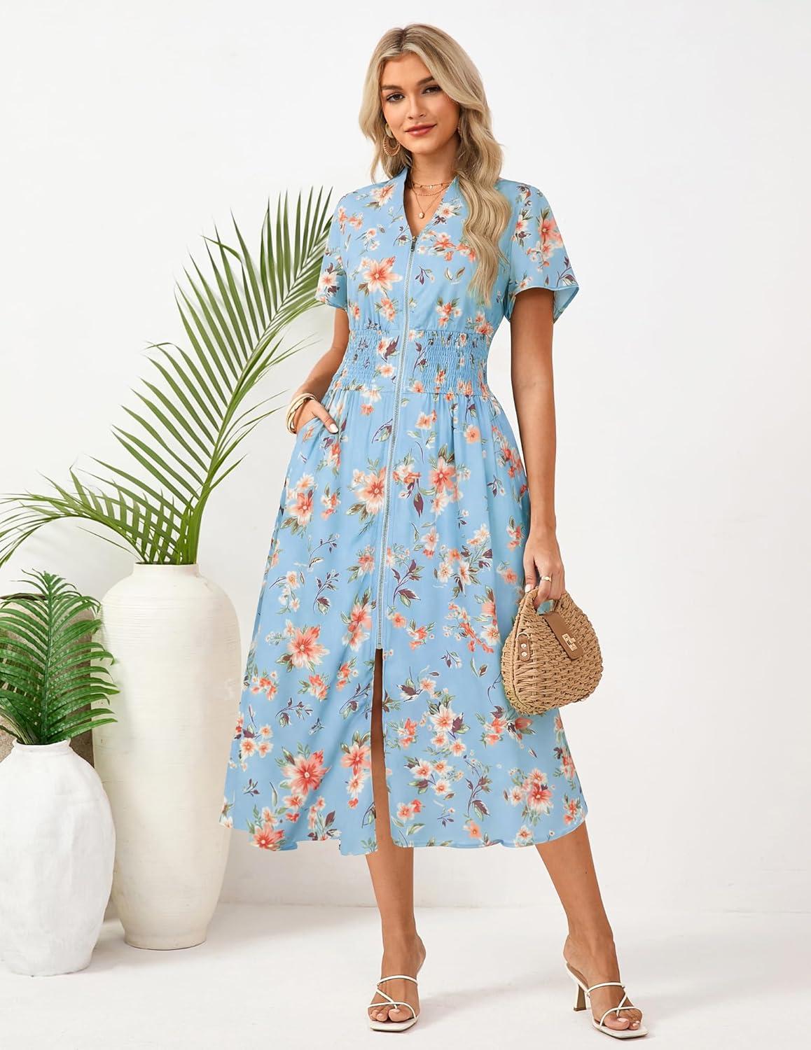 imageGRACE KARIN Womens Summer Maxi Floral Dress Casual 2026 Long Zipper Dresses Boho Flowy Beach Vacation Sundress with PocketsLight Blue Floral