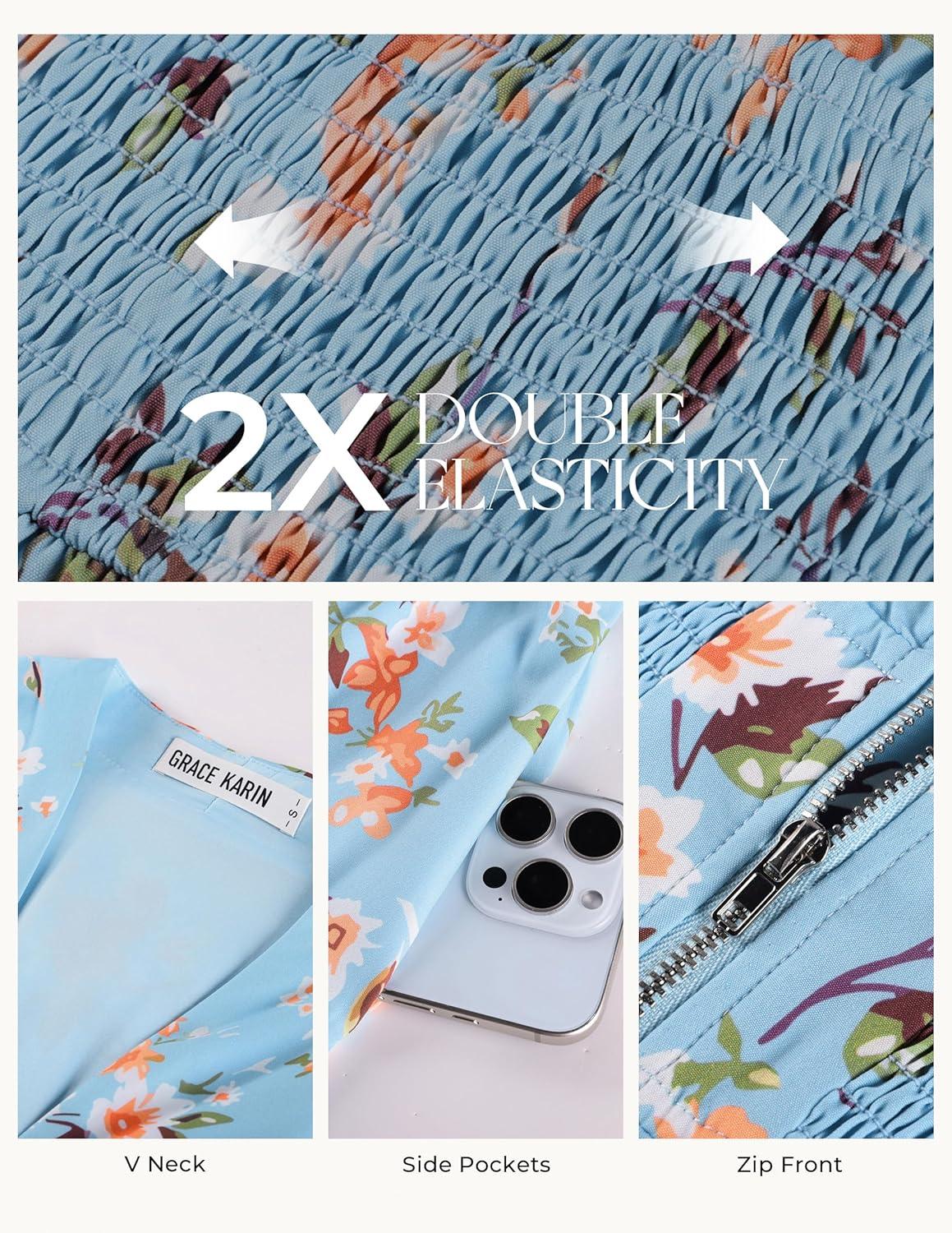 imageGRACE KARIN Womens Summer Maxi Floral Dress Casual 2026 Long Zipper Dresses Boho Flowy Beach Vacation Sundress with PocketsLight Blue Floral