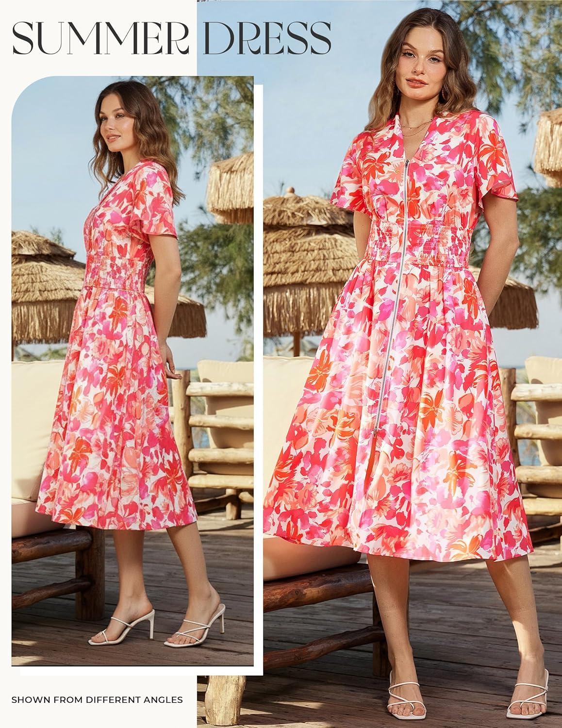 imageGRACE KARIN Womens Summer Maxi Floral Dress Casual 2026 Long Zipper Dresses Boho Flowy Beach Vacation Sundress with PocketsRed Floral