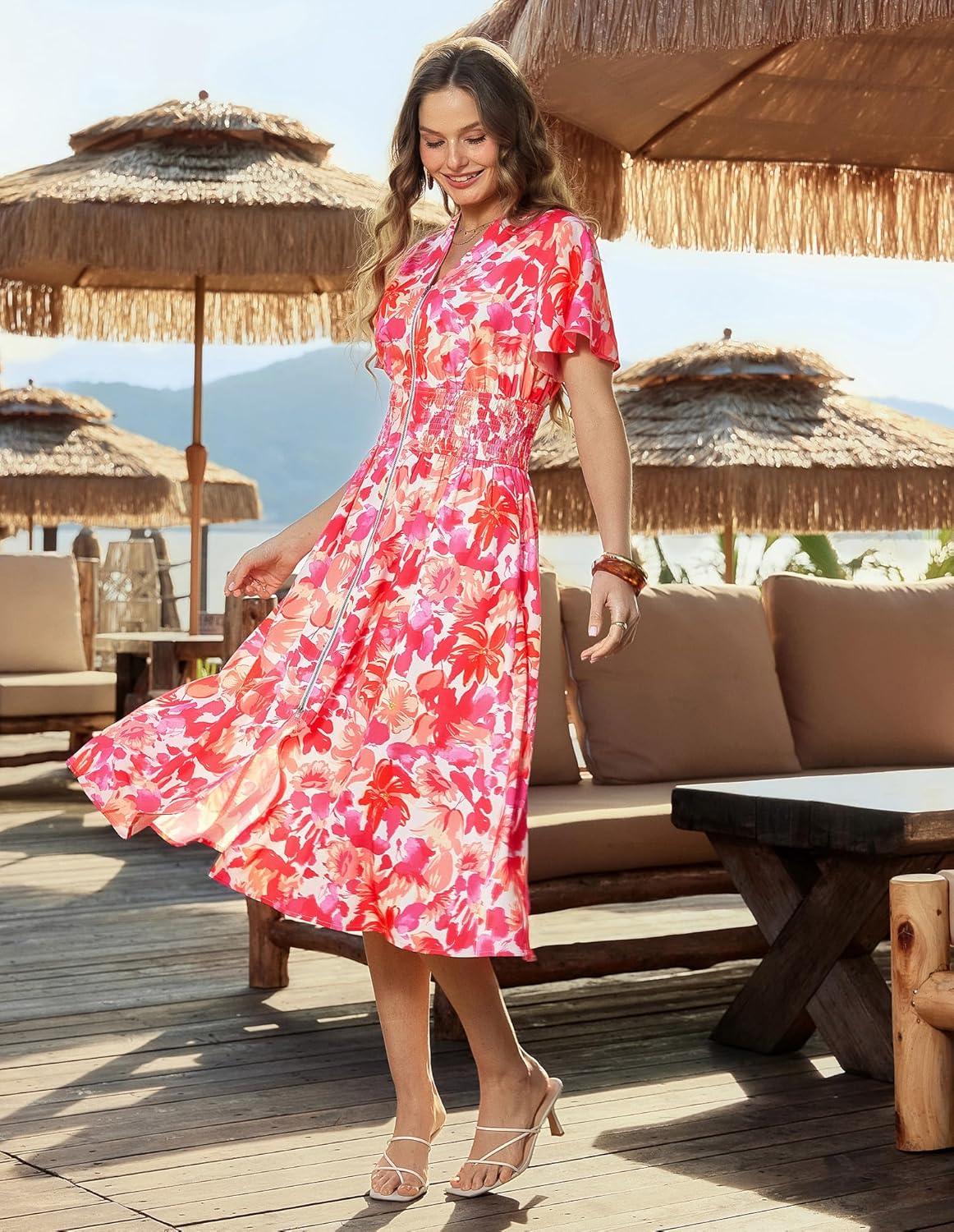 imageGRACE KARIN Womens Summer Maxi Floral Dress Casual 2026 Long Zipper Dresses Boho Flowy Beach Vacation Sundress with PocketsRed Floral