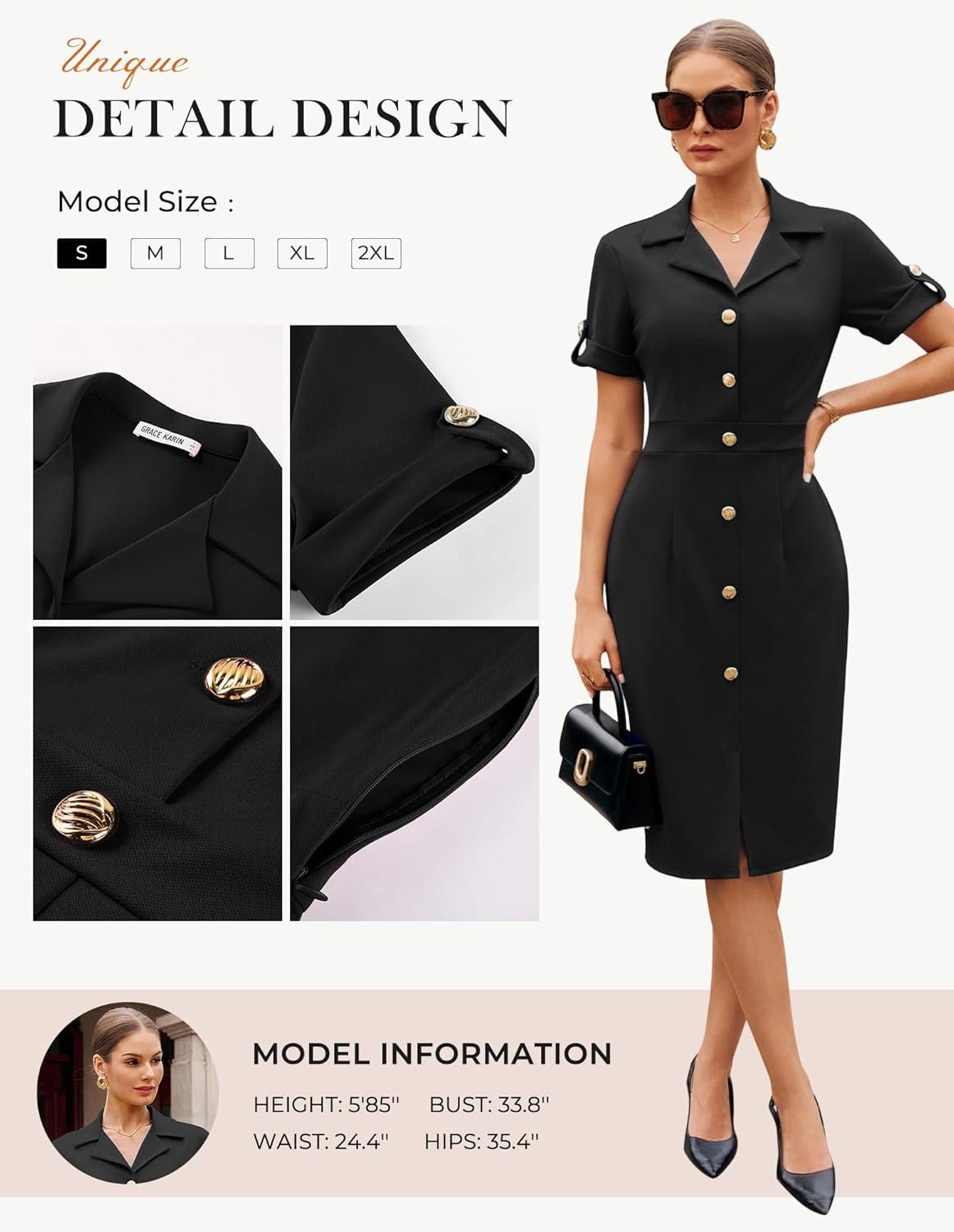 imageGRACE KARIN Work Dresses for Women 2026 Short Sleeve Button Bodycon Dress Pencil Office Midi Dress with Pockets