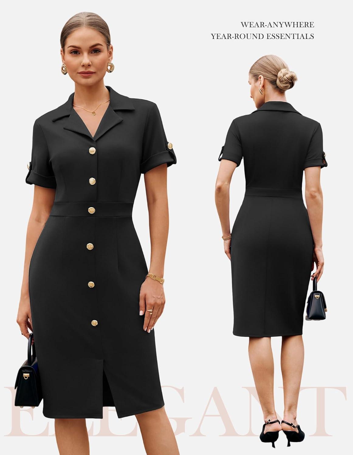 imageGRACE KARIN Work Dresses for Women 2026 Short Sleeve Button Bodycon Dress Pencil Office Midi Dress with Pockets