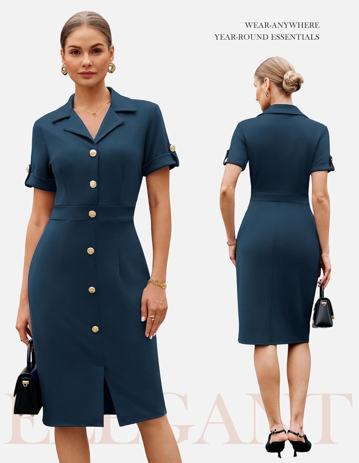 imageGRACE KARIN Work Dresses for Women 2026 Short Sleeve Button Bodycon Dress Pencil Office Midi Dress with PocketsNavy Blue