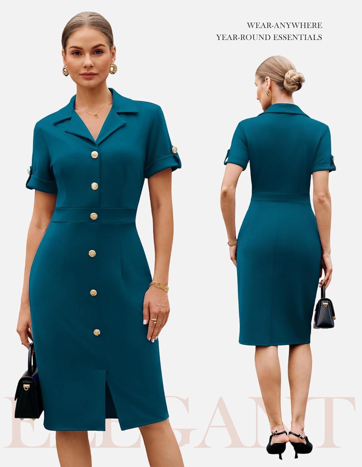 imageGRACE KARIN Work Dresses for Women 2026 Short Sleeve Button Bodycon Dress Pencil Office Midi Dress with PocketsPeacock Blue