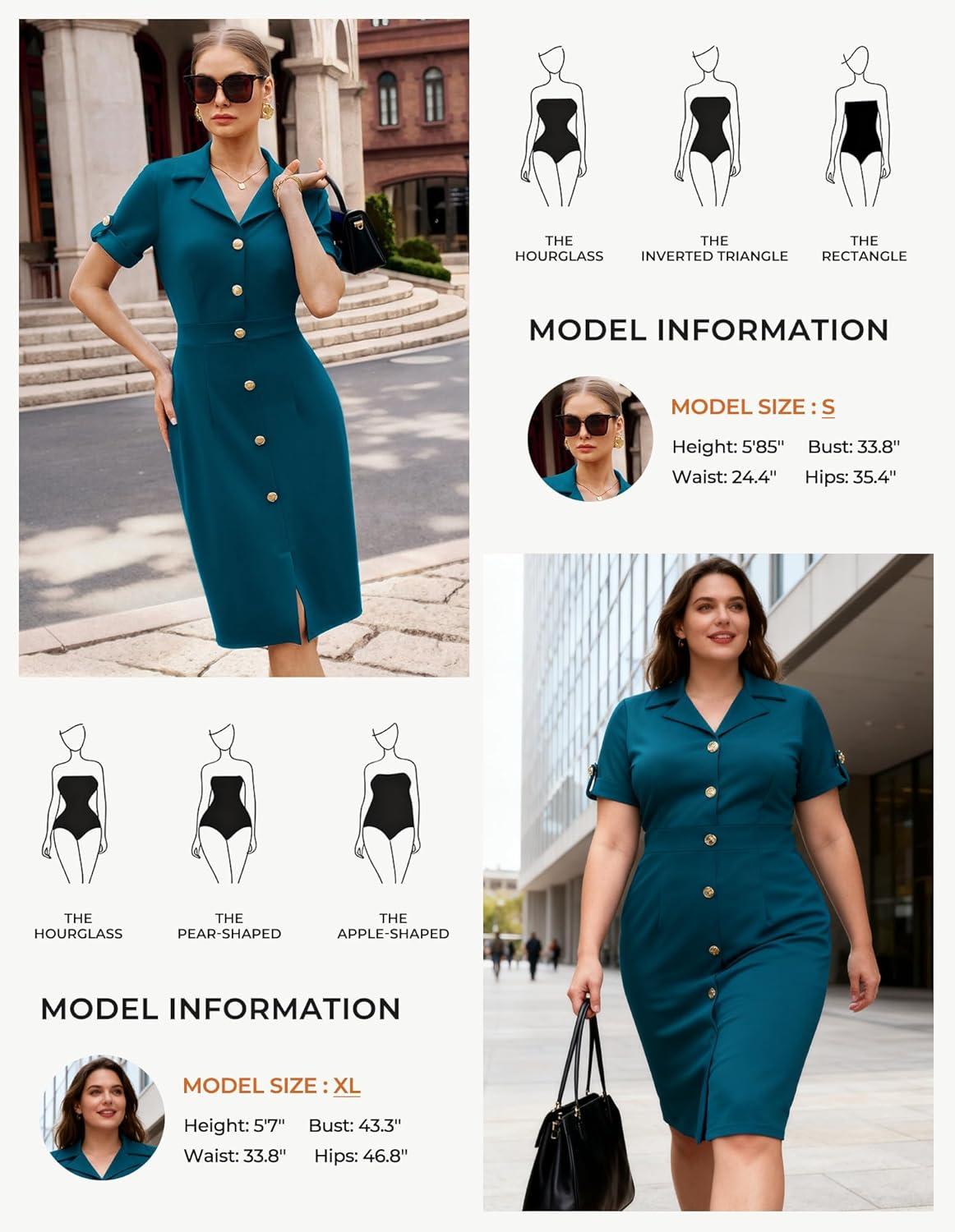 imageGRACE KARIN Work Dresses for Women 2026 Short Sleeve Button Bodycon Dress Pencil Office Midi Dress with PocketsPeacock Blue