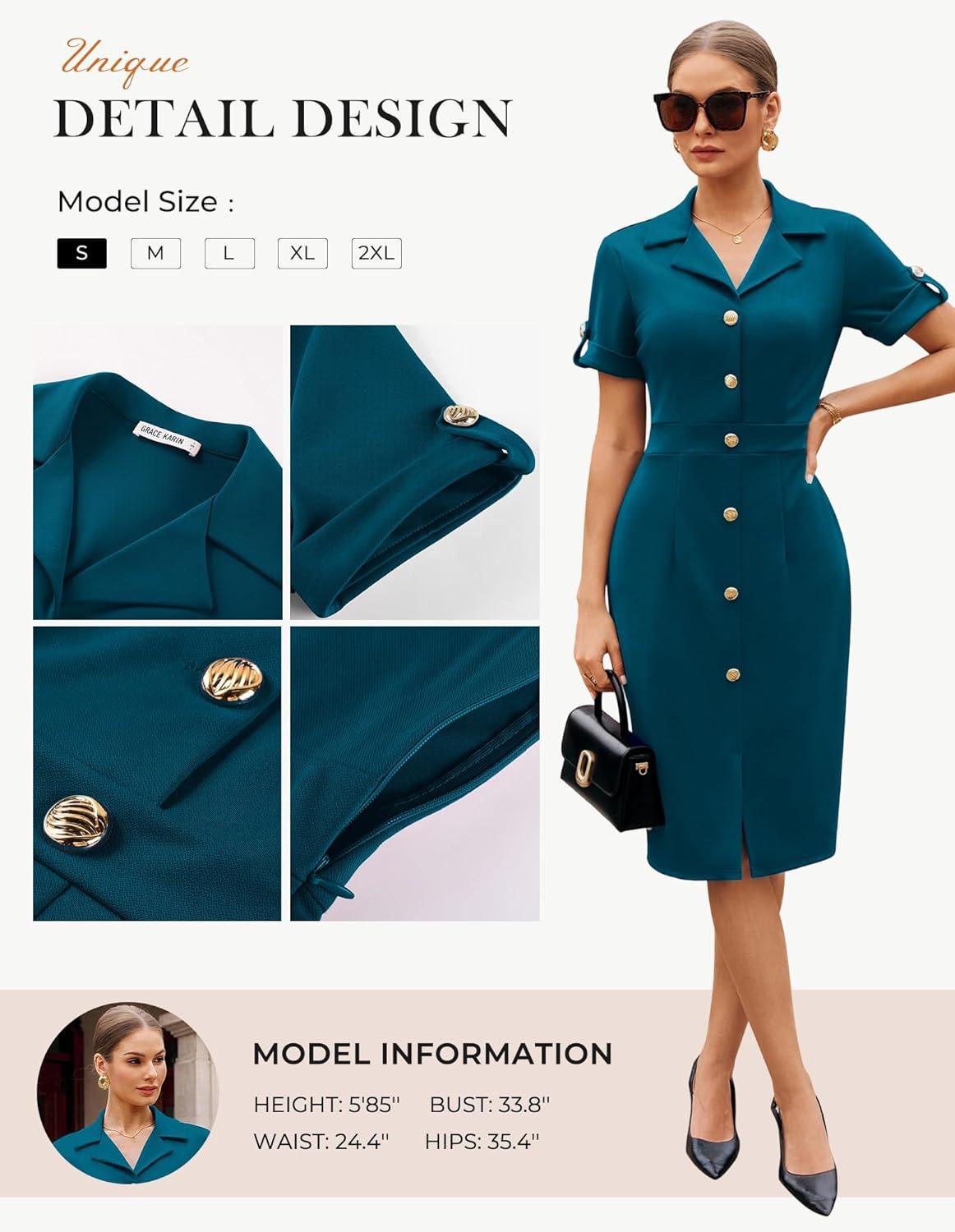 imageGRACE KARIN Work Dresses for Women 2026 Short Sleeve Button Bodycon Dress Pencil Office Midi Dress with PocketsPeacock Blue
