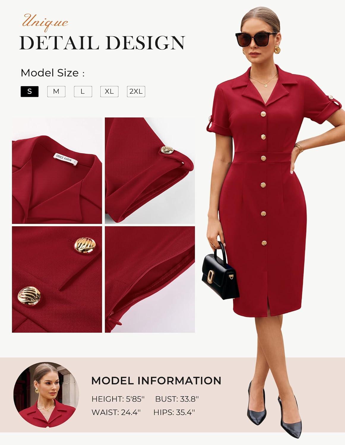 imageGRACE KARIN Work Dresses for Women 2026 Short Sleeve Button Bodycon Dress Pencil Office Midi Dress with PocketsRed