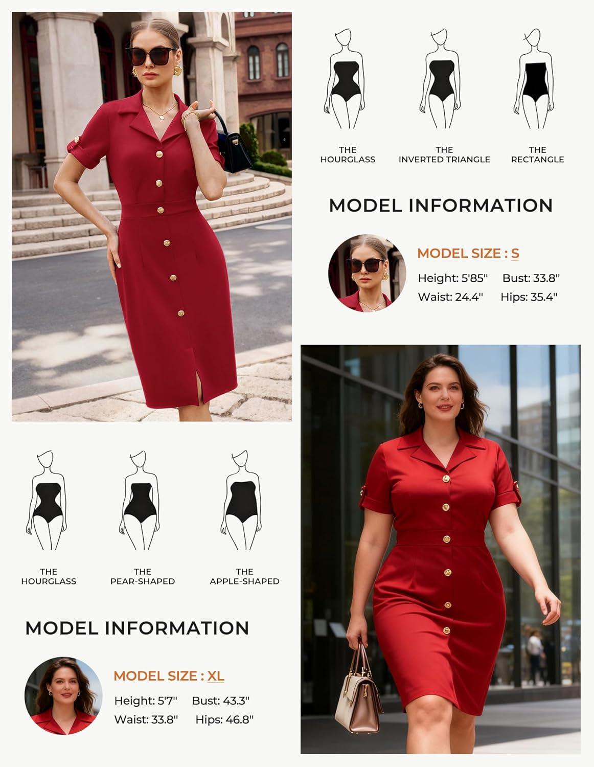 imageGRACE KARIN Work Dresses for Women 2026 Short Sleeve Button Bodycon Dress Pencil Office Midi Dress with PocketsRed