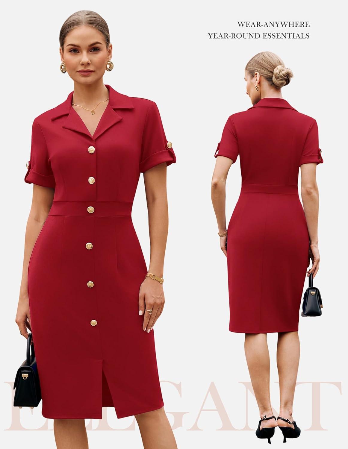 imageGRACE KARIN Work Dresses for Women 2026 Short Sleeve Button Bodycon Dress Pencil Office Midi Dress with PocketsRed
