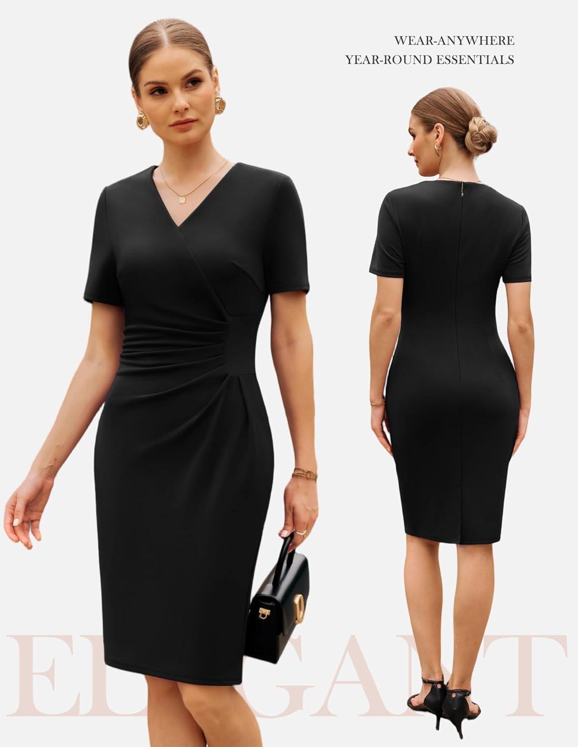 imageGRACE KARIN Work Dresses for Women 2026 Short Sleeve Elegant Church Dresses Ruched VNeck Sheath Bodycon DressBlack