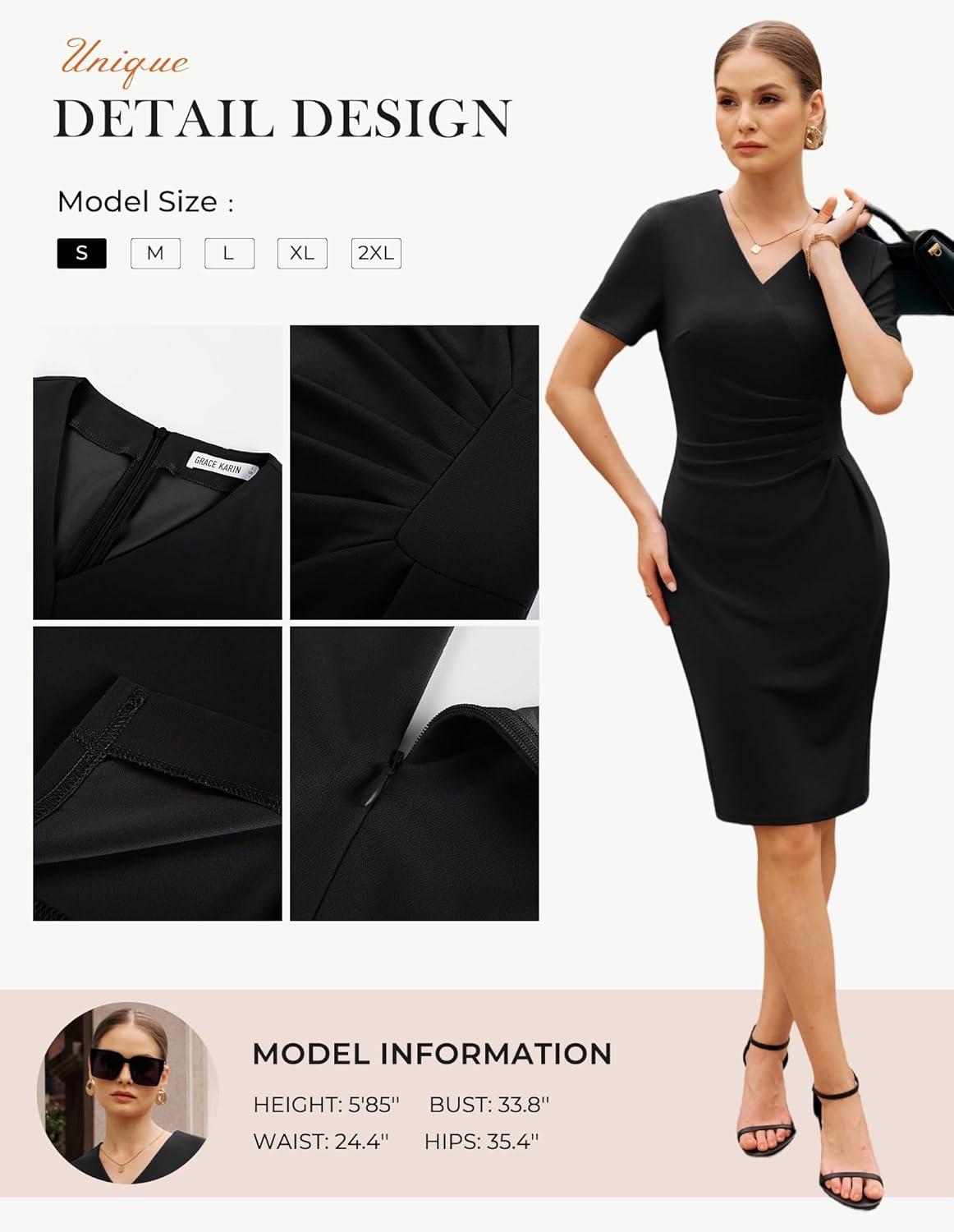 imageGRACE KARIN Work Dresses for Women 2026 Short Sleeve Elegant Church Dresses Ruched VNeck Sheath Bodycon DressBlack