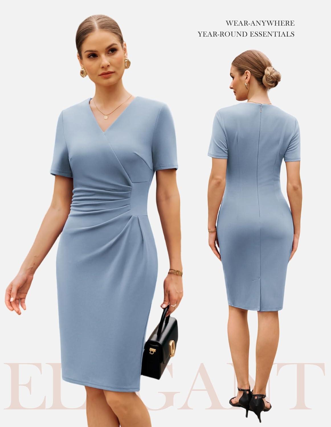 imageGRACE KARIN Work Dresses for Women 2026 Short Sleeve Elegant Church Dresses Ruched VNeck Sheath Bodycon DressLight Blue