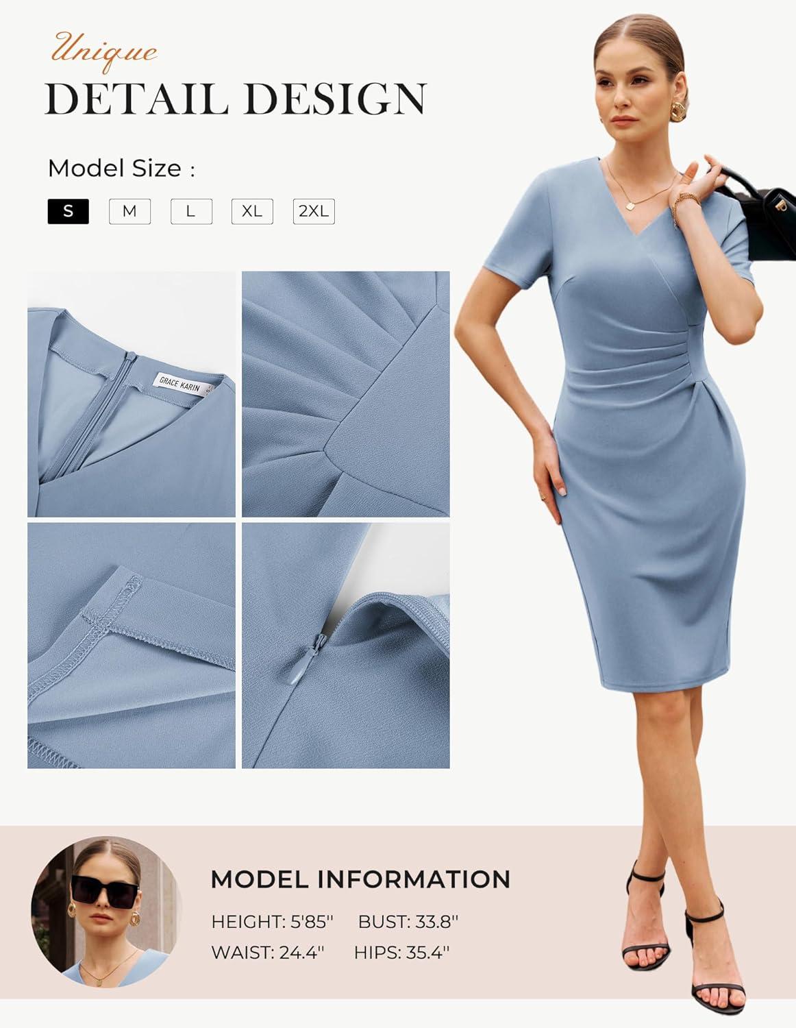 imageGRACE KARIN Work Dresses for Women 2026 Short Sleeve Elegant Church Dresses Ruched VNeck Sheath Bodycon DressLight Blue